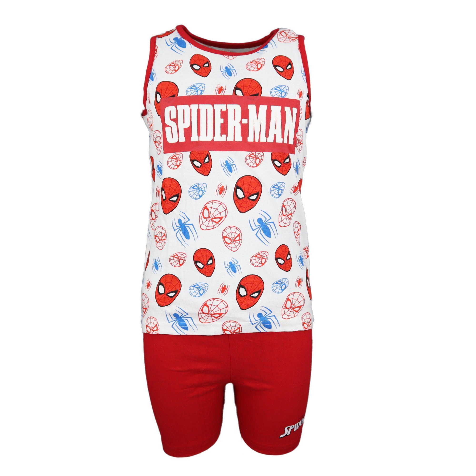 Schlafanzug 100% Baumwolle, Spiderman Rot Jungen Pyjama MARVEL Kinder bis 128, 98 ärmelloser oder Blau Gr.
