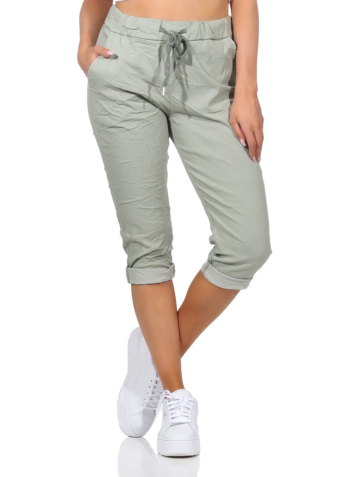 sommerlichen Kurze Khaki Damenmode Jeans in 36-44 Bermuda und Capri Farben, 7/8-Hose Taschen Sommerhose Hose Kordelzug, Aurela Damen