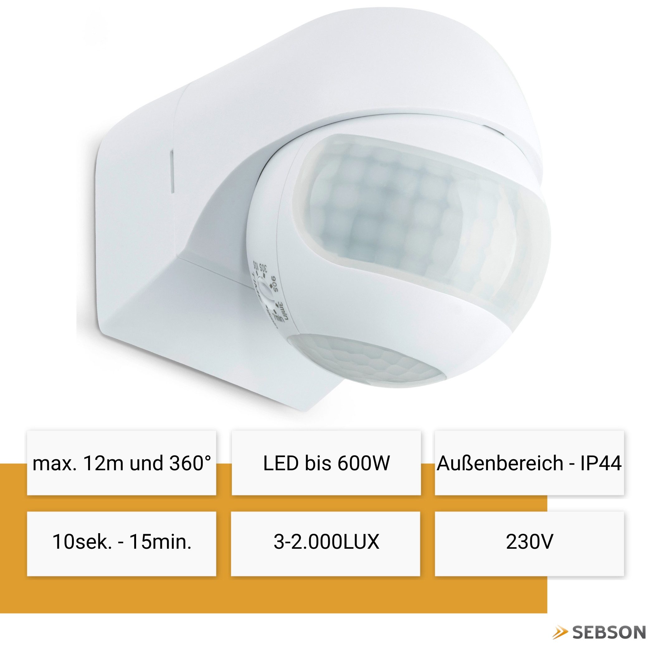 SEBSON Bewegungsmelder Infrarot Sensor Außen IP44 Aufputz Wand - Reichweite 12m 180° Winkel, (1-St), Wandmontage, schwenkbar, programmierbar, LED geeignet 600W, 3 Draht