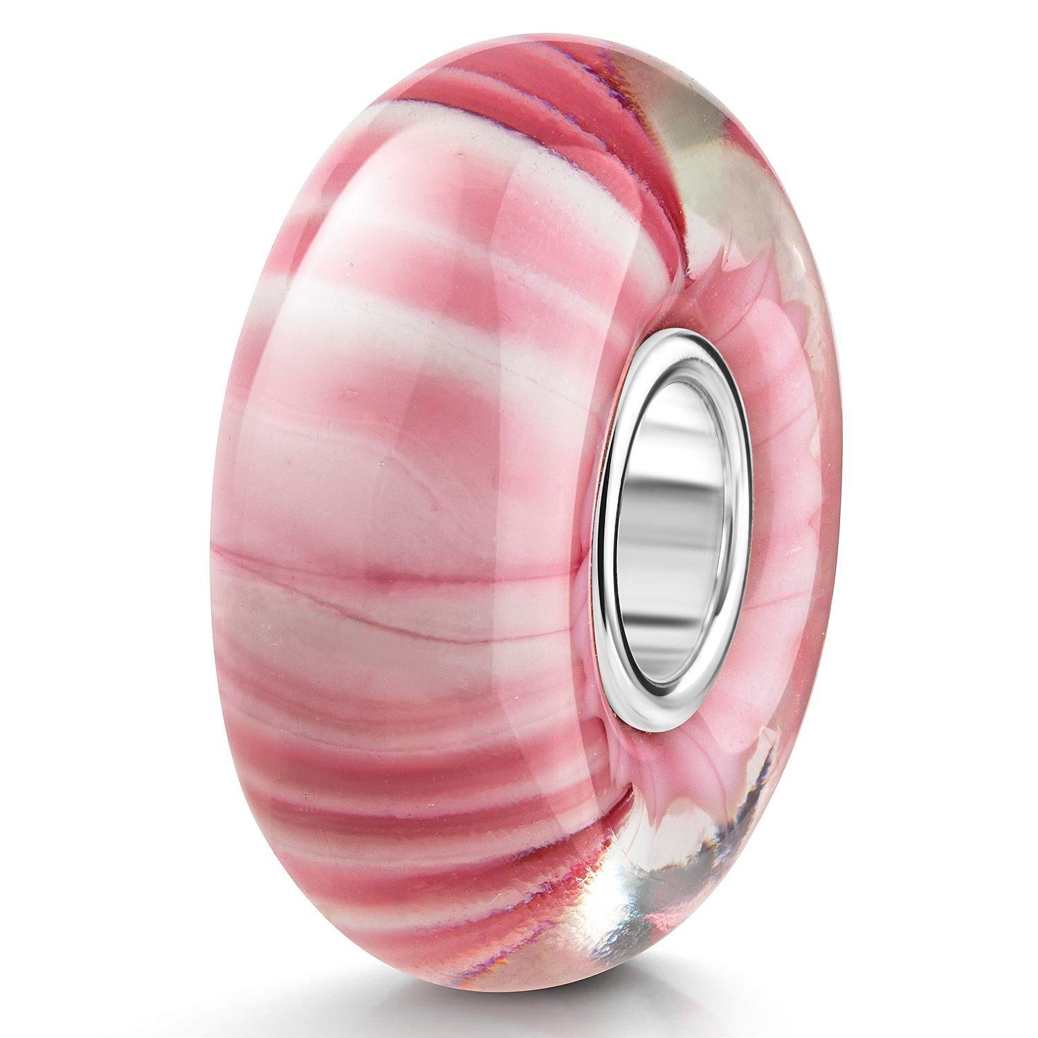 Materia Bead Glasperle Rosa Weiß Streifen Bonbon Design 537, Hülse aus 925 Sterling Silber