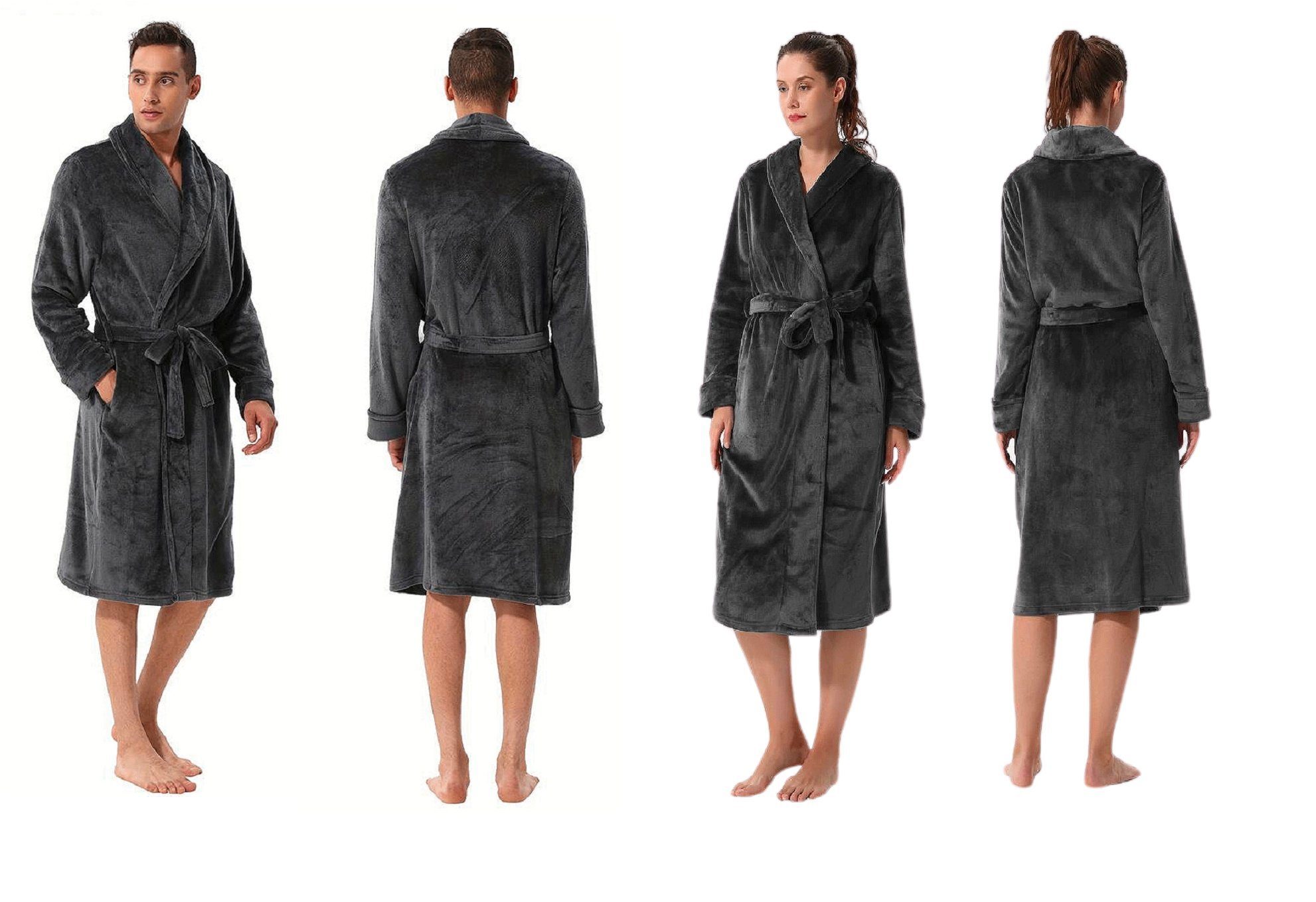 Unisex-Bademantel Fleece Herren Bademantel Morgenmantel mit Schalkragen Grau 8208