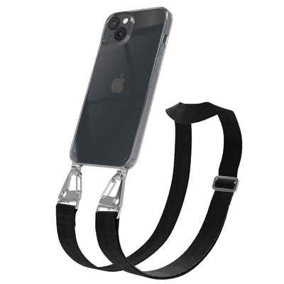 EAZY CASE Handykette Silikon Kette Karabiner für Apple iPhone 14 Plus 6,7 Zoll, Schutzhülle zum Umhängen Handyhülle mit Umhängeband Schwarz Silber