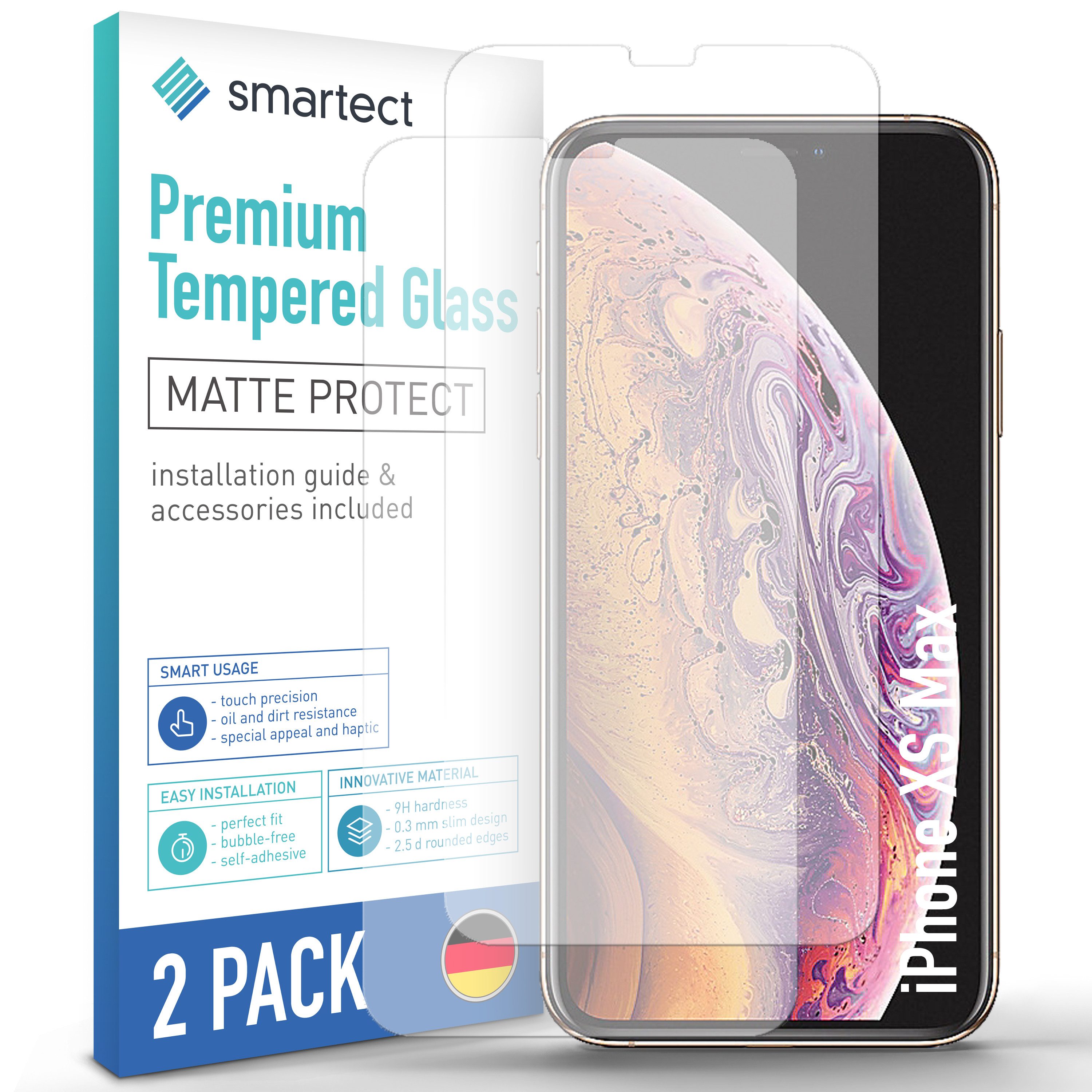 smartect Displayschutzglas Schutzglas Panzerfolie Matt für iPhone XS Max, Set, 2 Stück, Schutzfolie Glasschutz Bildschirm