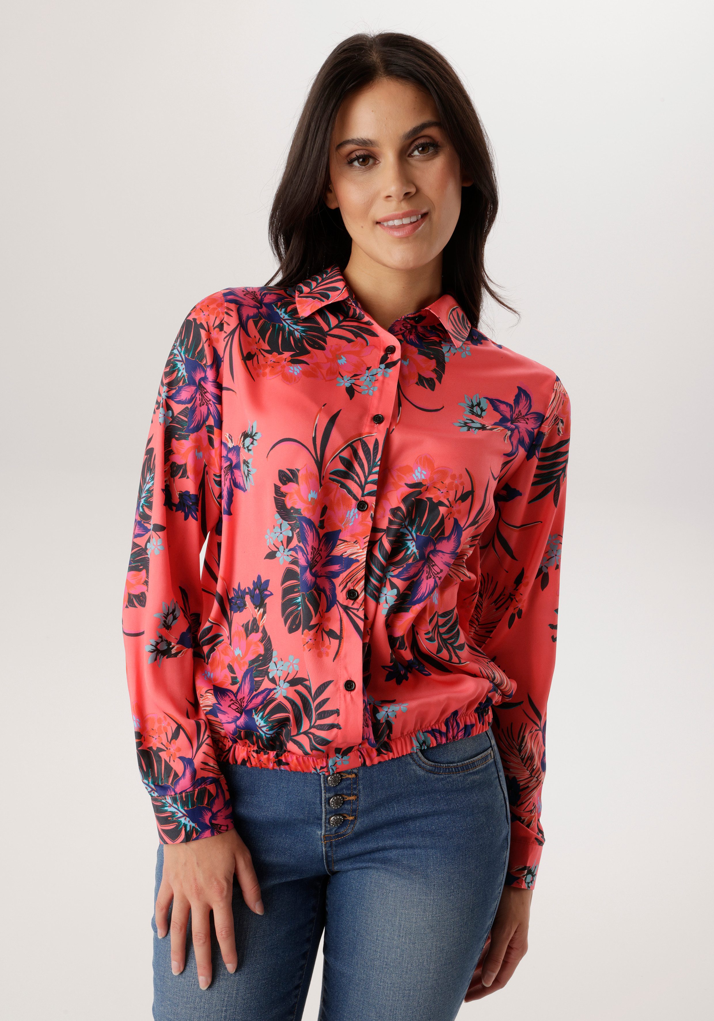 Aniston SELECTED Hemdbluse mit Gummizug am Saum und floralem Allover-Print