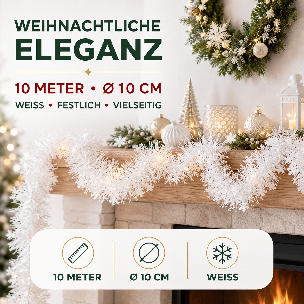 Kunstgirlande Weihnachtsgirlande 10 Meter - Dekogirlande Weihnachten Deko, Weihnachtswunder®, Flexibel einsetzbar / Einfach zu formen