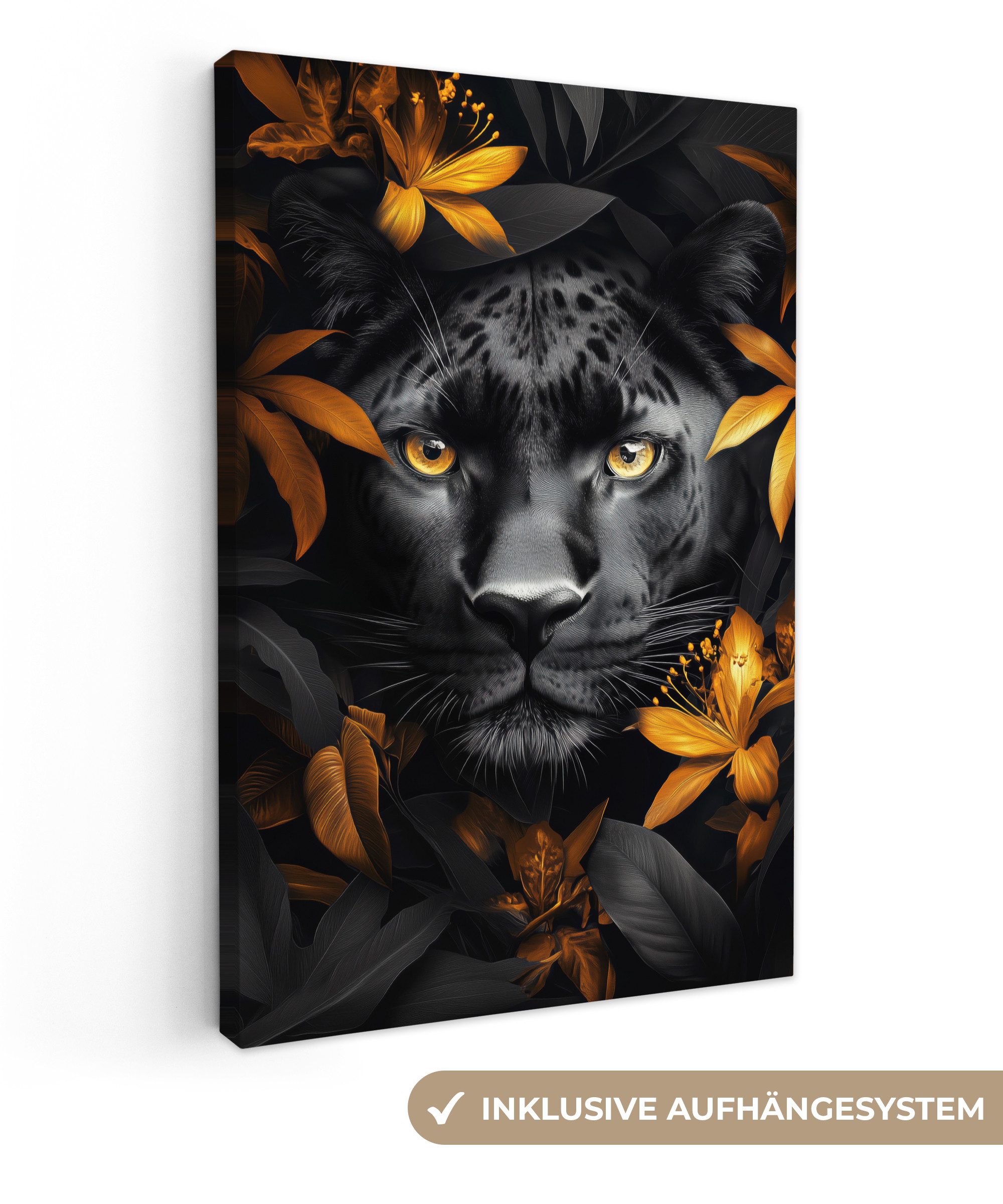 OneMillionCanvasses® Leinwandbild Schwarzer Panther - Blumen - Gold - Natur - Feline, Fotodruck (1 St), Leinwand Canvas Wandbild, Wanddekoration 20x30 cm
