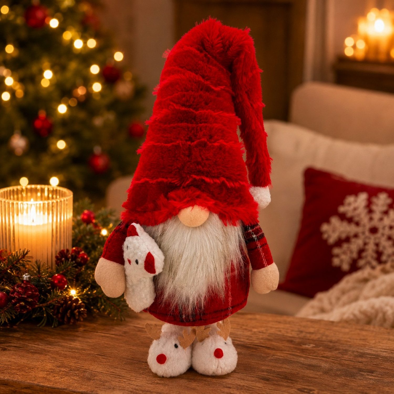 Online-Fuchs Dekofigur Weihnachtswichtel, Zwerge mit Zipfelmütze und Teddy - Weihnachtsdeko (im gemütlichen Pyjama-Outfit, 36 cm groß), süße Hausschuhe im Rentier-Design - W1