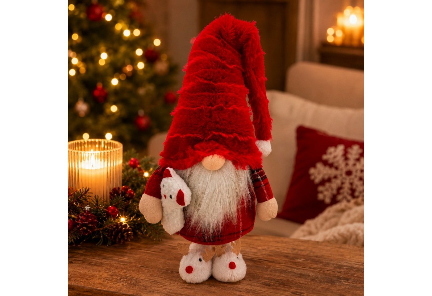 Online-Fuchs Dekofigur Weihnachtswichtel, Zwerge mit Zipfelmütze und Teddy - Weihnachtsdeko (im gemütlichen Pyjama-Outfit, 36 cm groß), süße Hausschuhe im Rentier-Design - W1