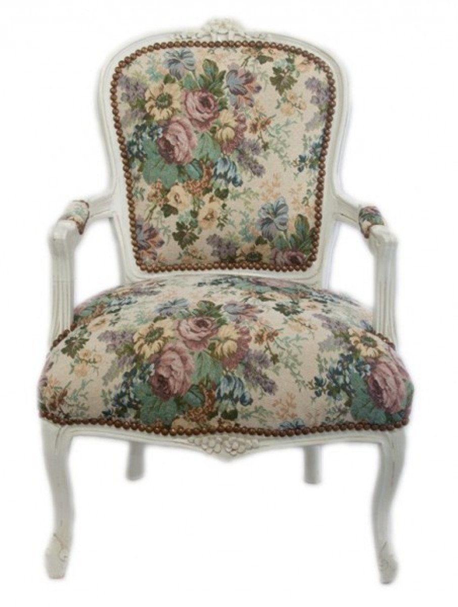 Casa Padrino Besucherstuhl Barock Salon Stuhl Muster/ - Blumen Design Antik Weiß Möbel Antik