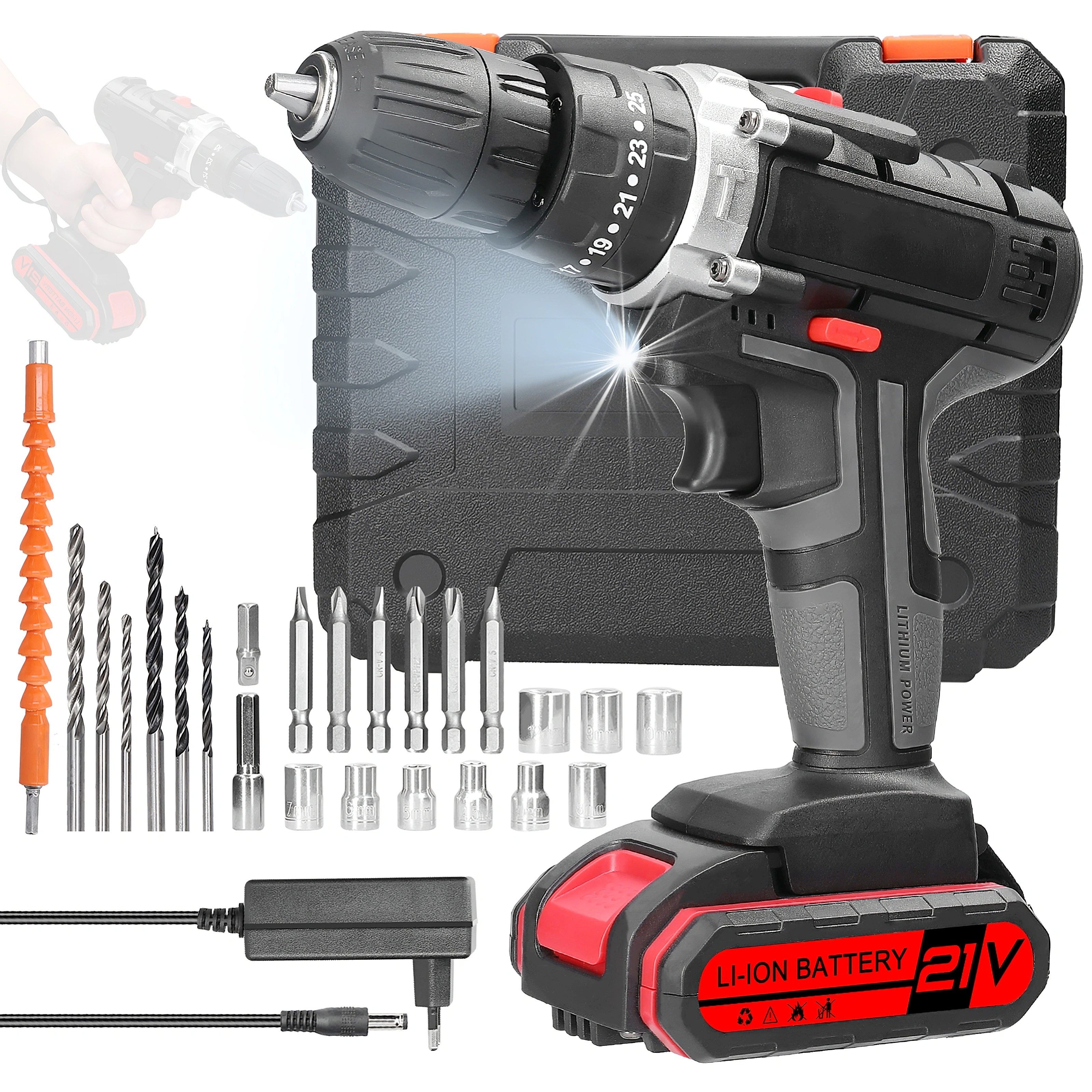 GARRYFIZH Akku-Bohrhammer Akku-Bohrschrauber 21V Akkuschrauber Set, 3-in-1 elektrische bohrmaschine mit Bohrer-Set 25 Drehmomentstufen