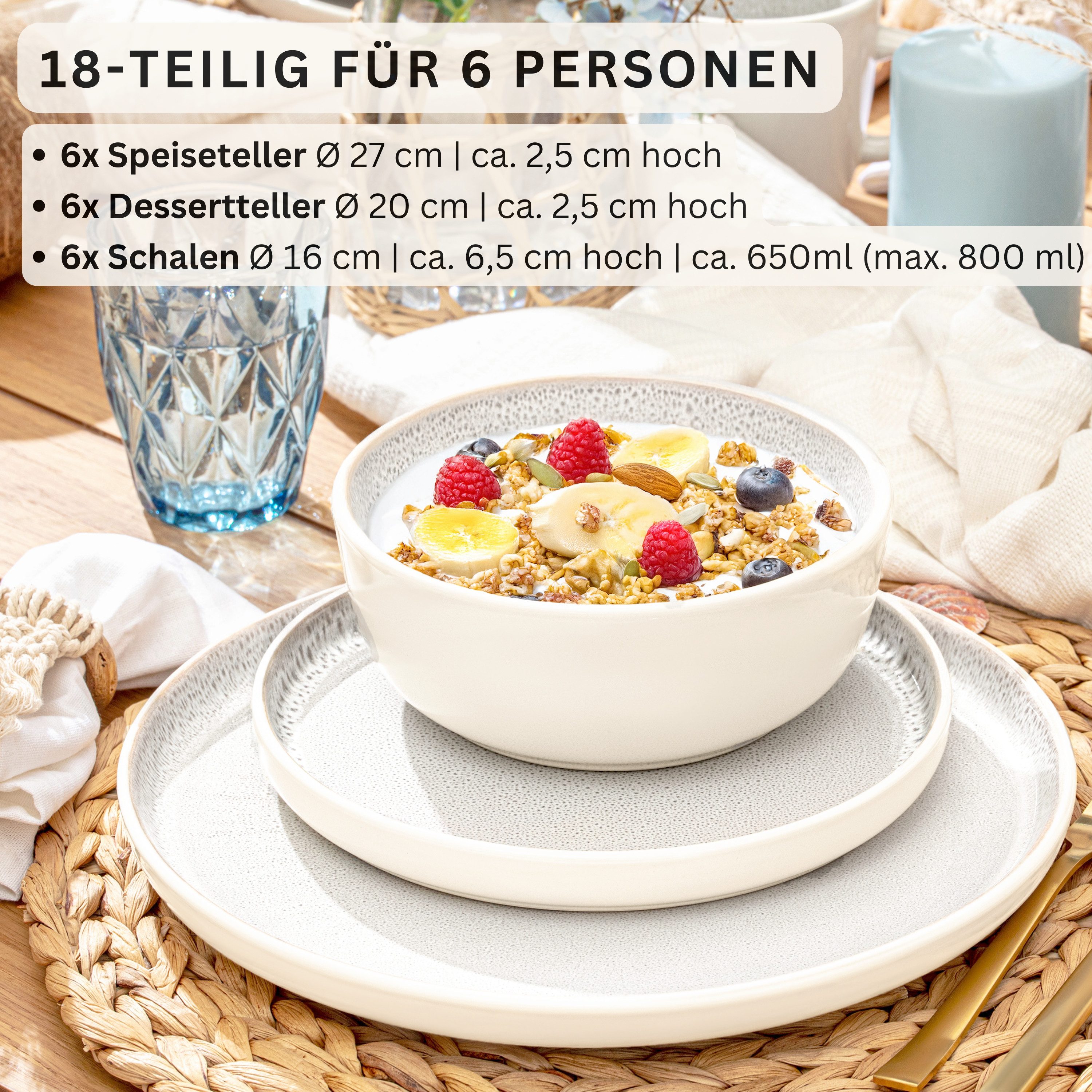 SÄNGER Tafelservice Kreta Geschirrset (18-tlg), 6 Personen, Steingut, Creme-Blau, Handmade, Erweiterbar, VALUE COLLECTION