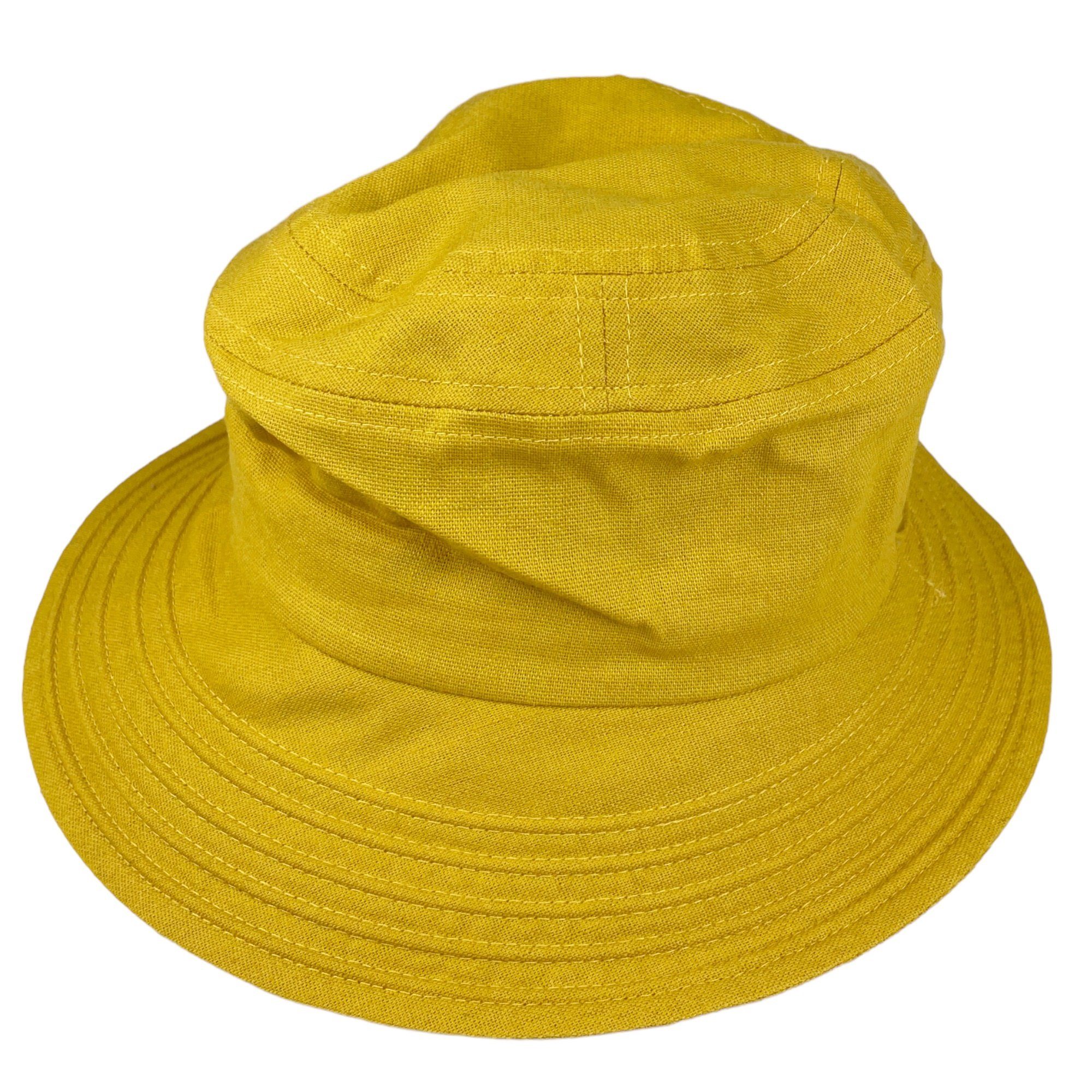 Modischer Taschen4life ockergelb Bucket Hut Sommer Fischerhut Sonnenhut Leinen Hat, Größenverstellbar, unisex,