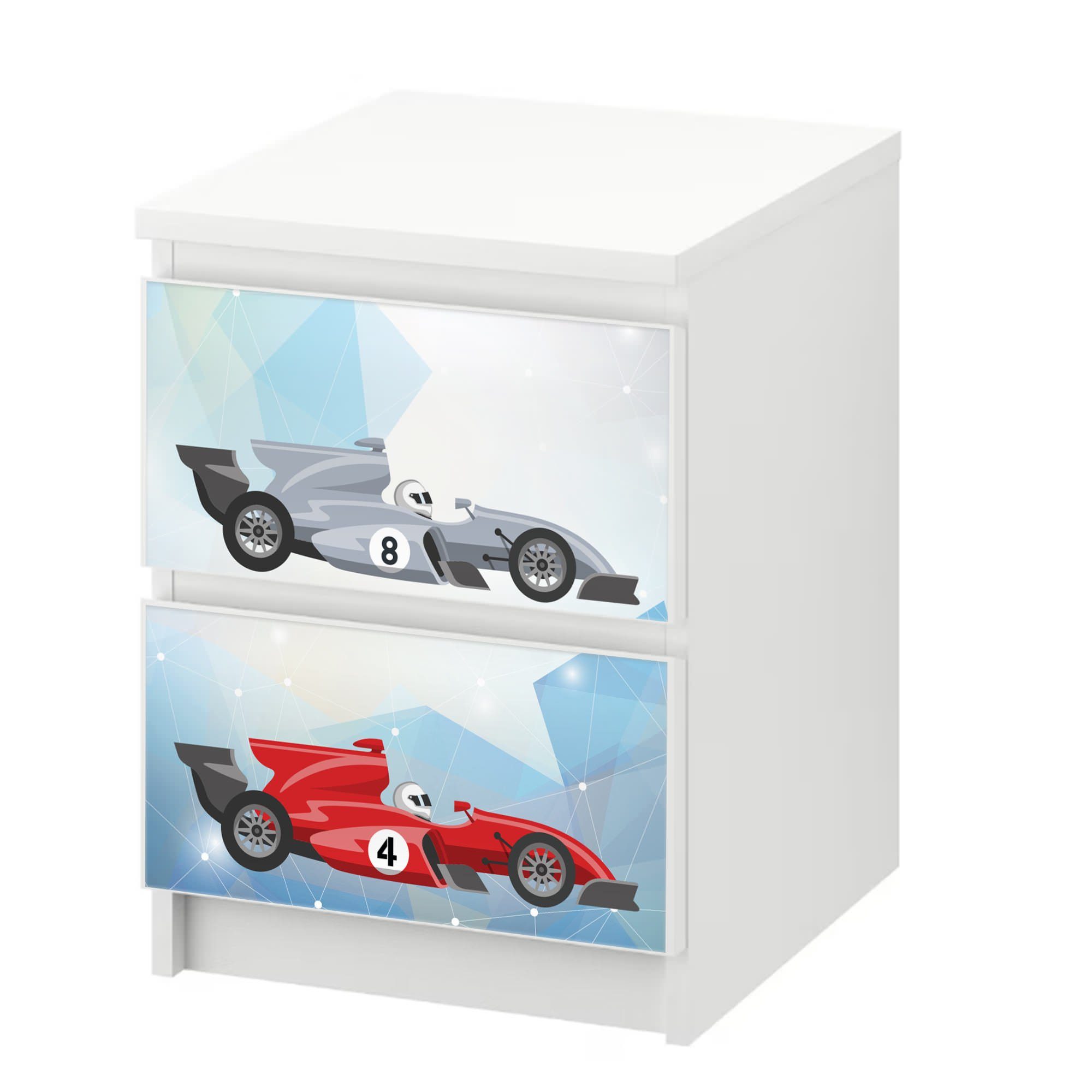 Sunnywall Möbelfolie passend für IKEA Malm Kommode Schrankfolie Aufkleber Rennwagen F1, blasenfreie selbstklebende Folie (SCHRANK NICHT INKLUSIVE)