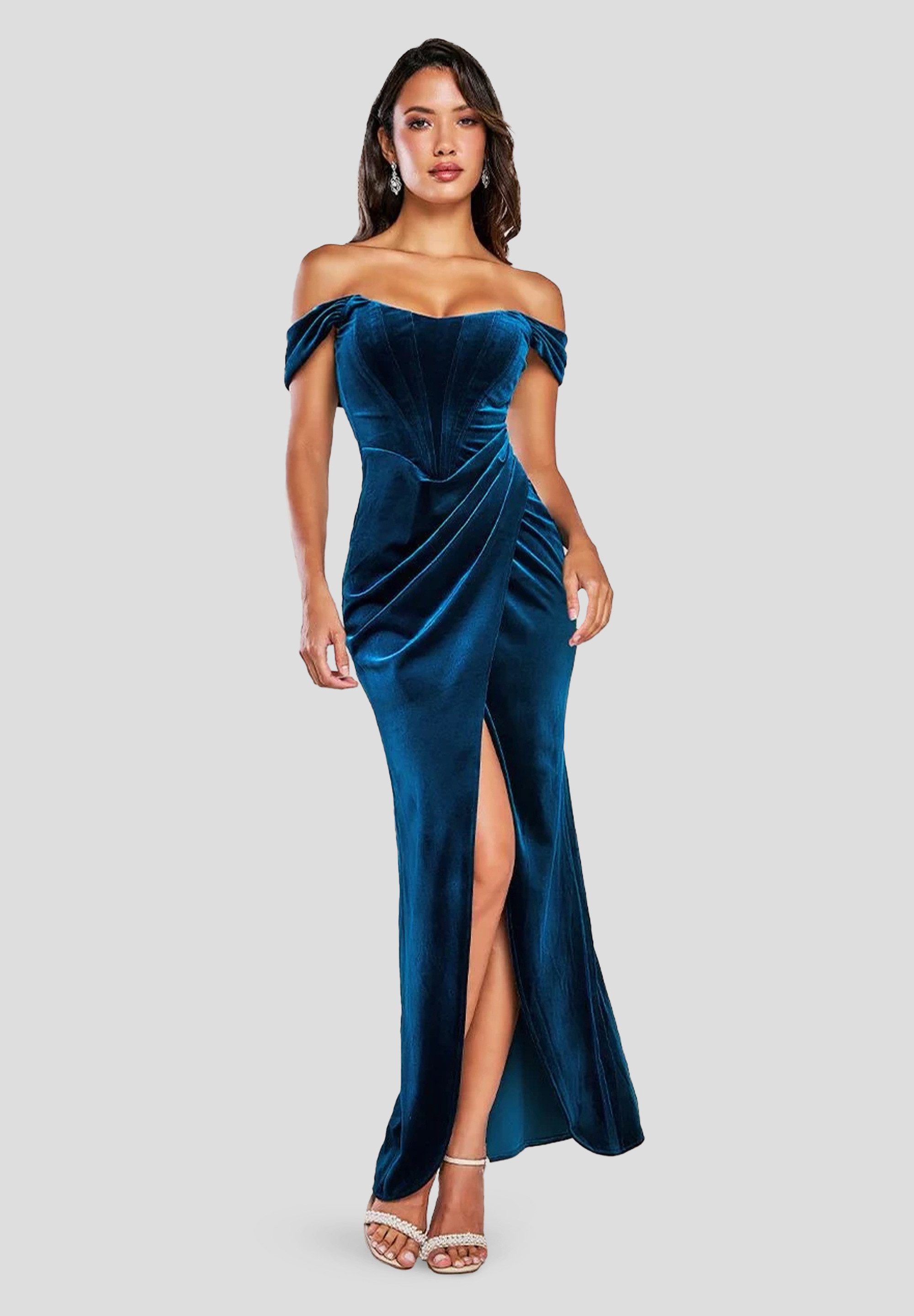 Goddiva Maxikleid Draped Shoulder Velvet Corset Maxi Dress langes Kleid, mi günstig online kaufen