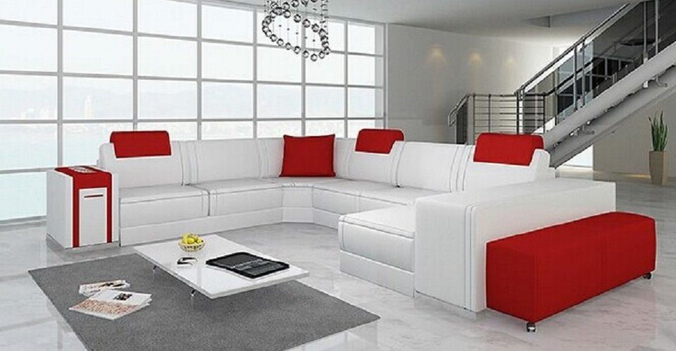 Wohnlandschaft Design U Couch Polster Ledersofa Ecksofa, Sofa JVmoebel Form Weiß/Rot Ecksofa