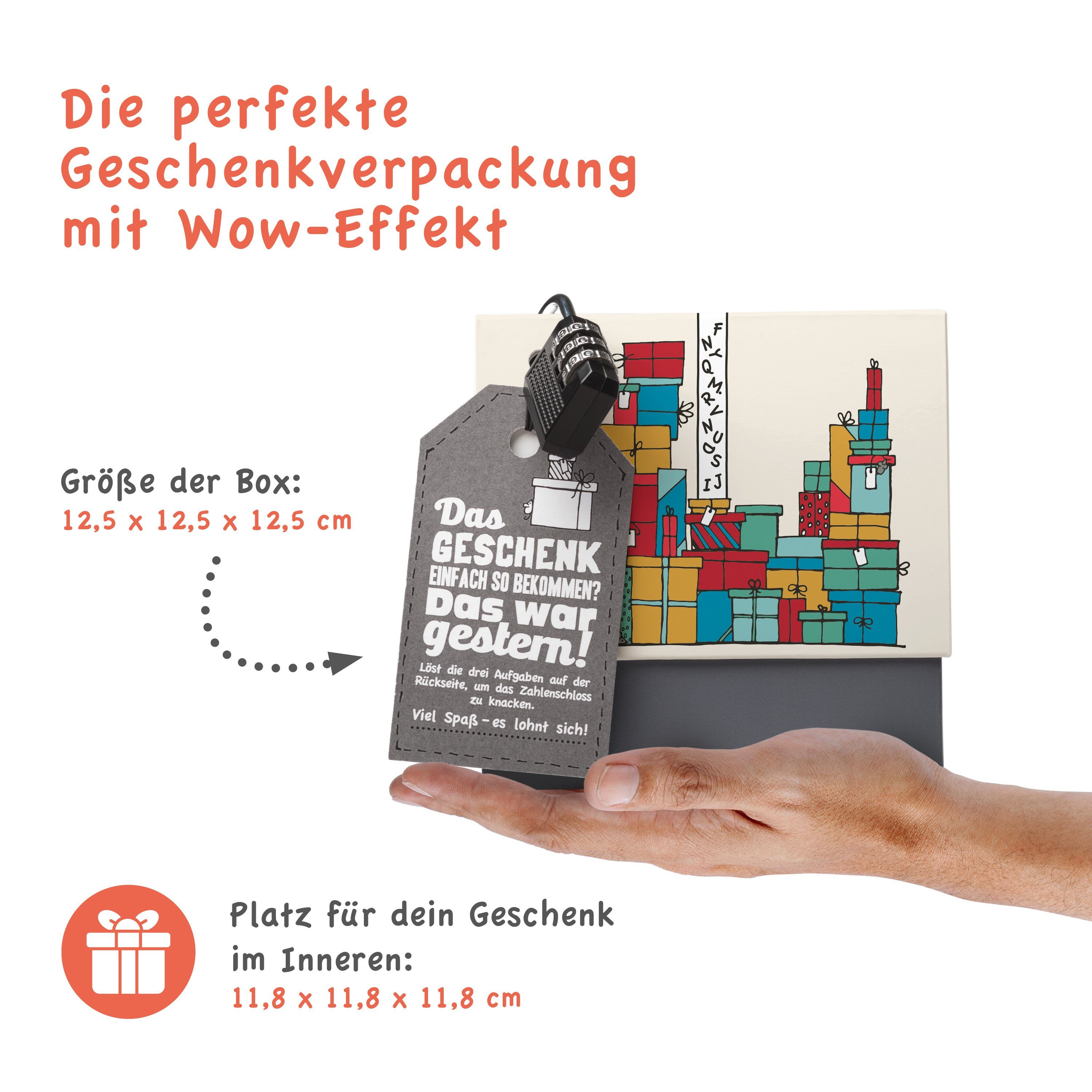 SURPRISA Geschenkbox Rätzel Geschenkbox, Geldgeschenk Verpackung & Gutschein Geschenk Box (inkl. 3-stelligem Zahlenschloss), Geschenkkarton Geschenkrätsel, 12,5 x 12,5 x 12,5 cm, farbig