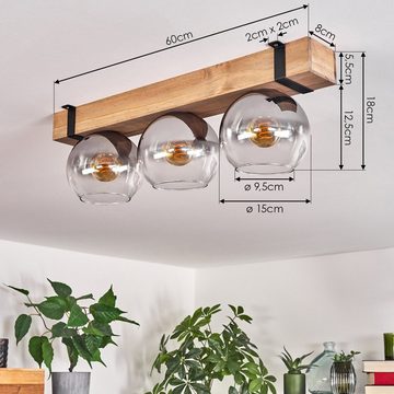 hofstein Deckenleuchte Deckenlampe aus Metall/Holz/Glas in Schwarz/Natur/Rauchfarben/Klar, ohne Leuchtmittel, Holzbalken 60cm u. Glaskugeln Ø15cm, 3x E27, ohne Leuchtmittel