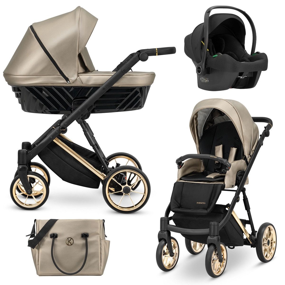KUNERT Kombi-Kinderwagen IVENTO PREMIUM 3in1 Öko-Leder Kinderwagen mit Goldrahmen und Zubehör, 2in1-Set mit Tragetasche und Sportsitz