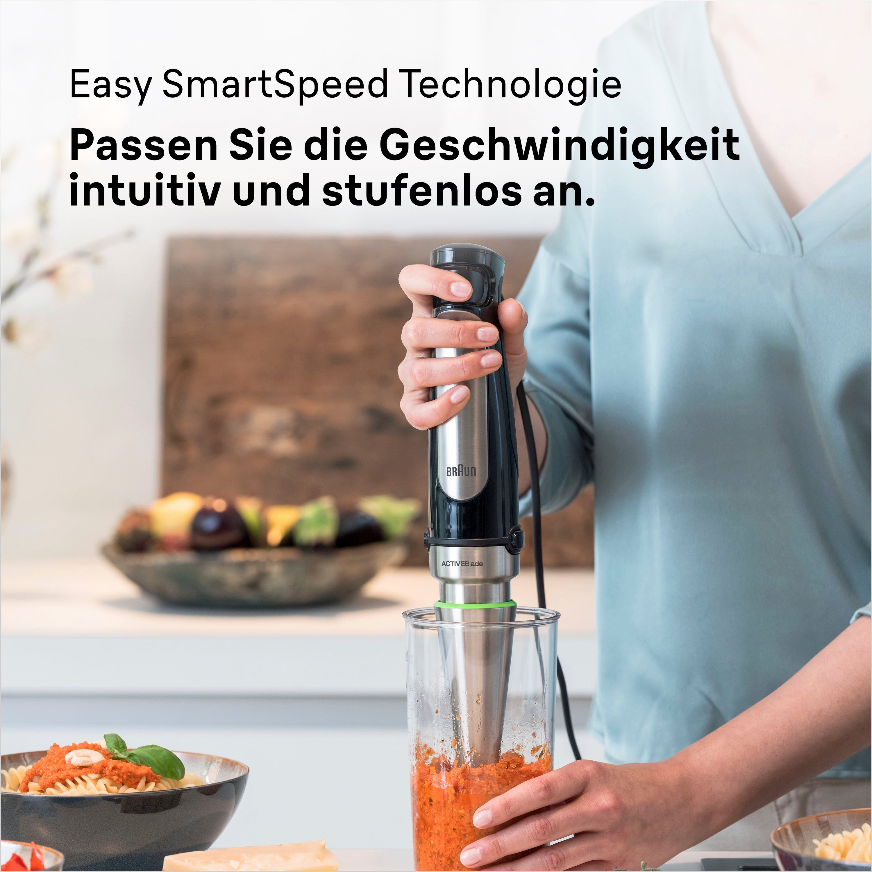 Braun Stabmixer MultiQuick 7 MQ 7000X - 1000W, Stufenlosregulierbar, Dynamische Klinge, 1000 W, Spritzschutz, Extra Mahlklinge, Mixer, Zubehör spülmaschinenfest – Bild 4 von 5