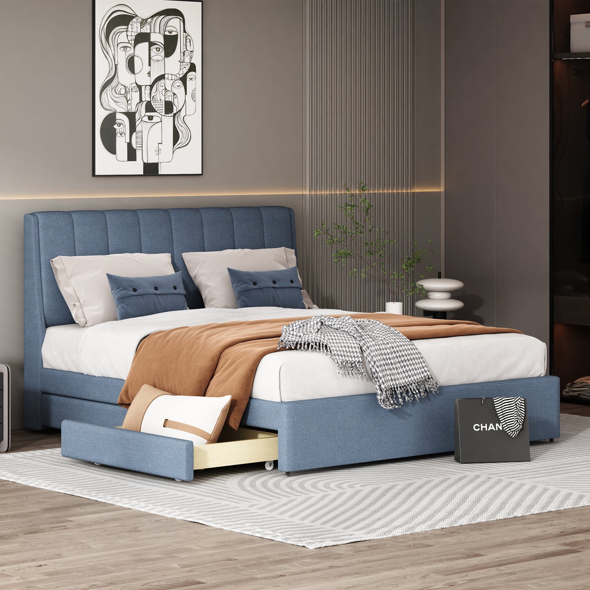 OKWISH beiden Seiten mit Außenverteidigern Rückenlehne), Blau 200 140 (mit Bett Doppelbett des Schubladen, x und Polsterbett und Lattenrost Kopfteils, Ohne Matratze auf Erwachsene cm, Jugendliche, für