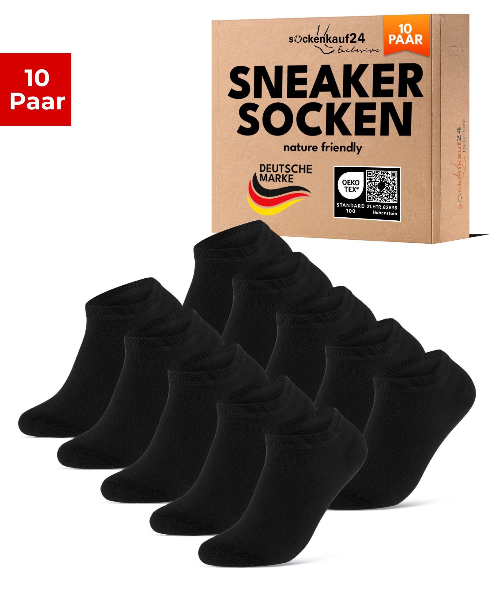 sockenkauf24 Sneakersocken Premium Sneaker Socken Herren & Damen mit Komfortbund ohne Gummidruck (Schwarz, 10-Paar, 47-50) atmungsaktive gekämmte Baumwolle, ohne Naht, Exclusive Line