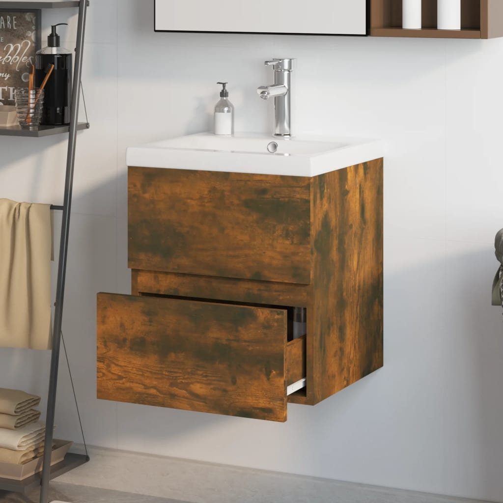vidaXL Badezimmerspiegelschrank Waschbeckenschrank mit Einbaubecken (1-St) Holzwerkstoff Räuchereiche