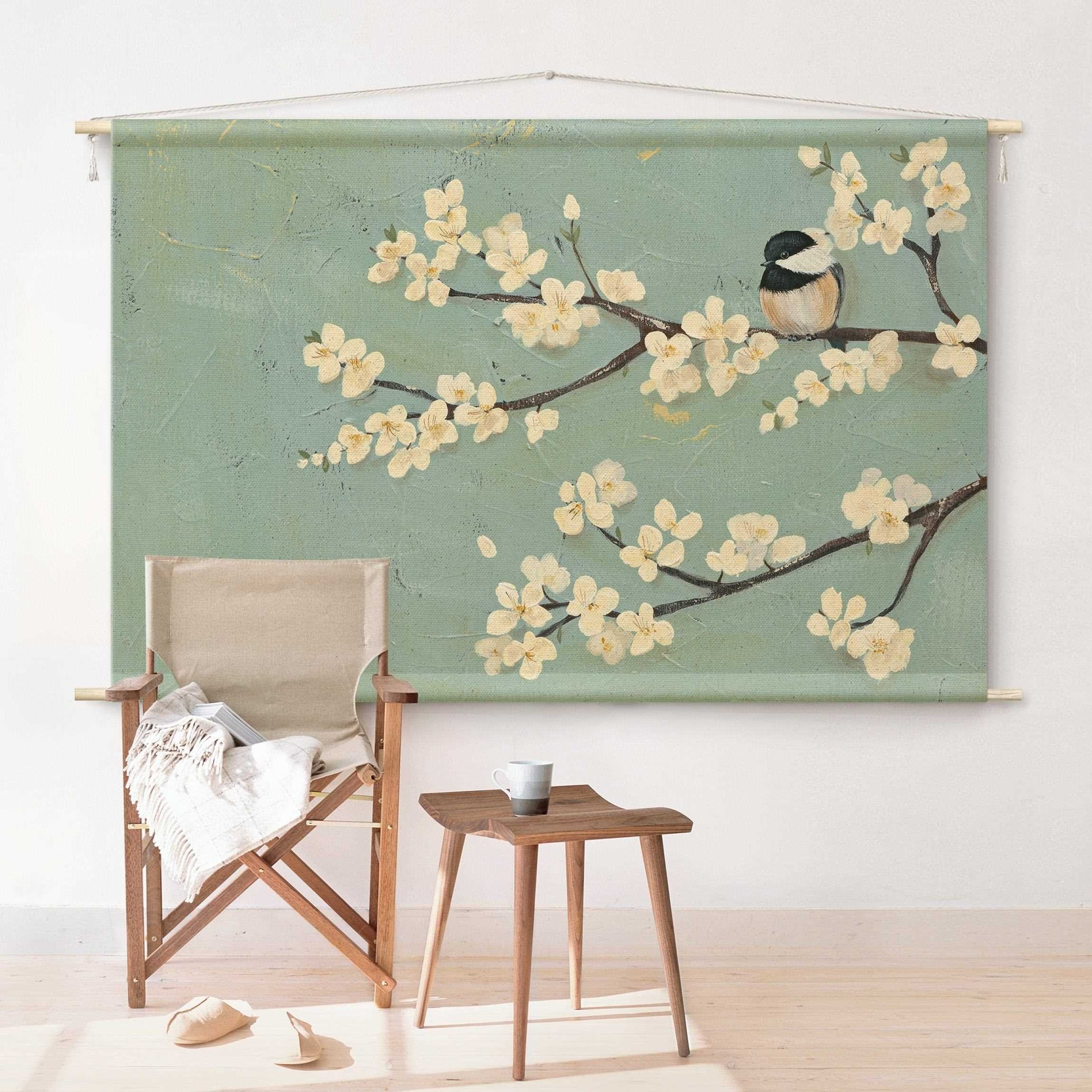 Bilderdepot24 Wandteppich modern Blumen Kirschblüte Landhaus Tiere Vögel grün, rechteckig, Höhe: 2.6 mm, großes Wandbild aus Natur-Baumwolle Wandbehang Stoffbild Tuch Wollseil