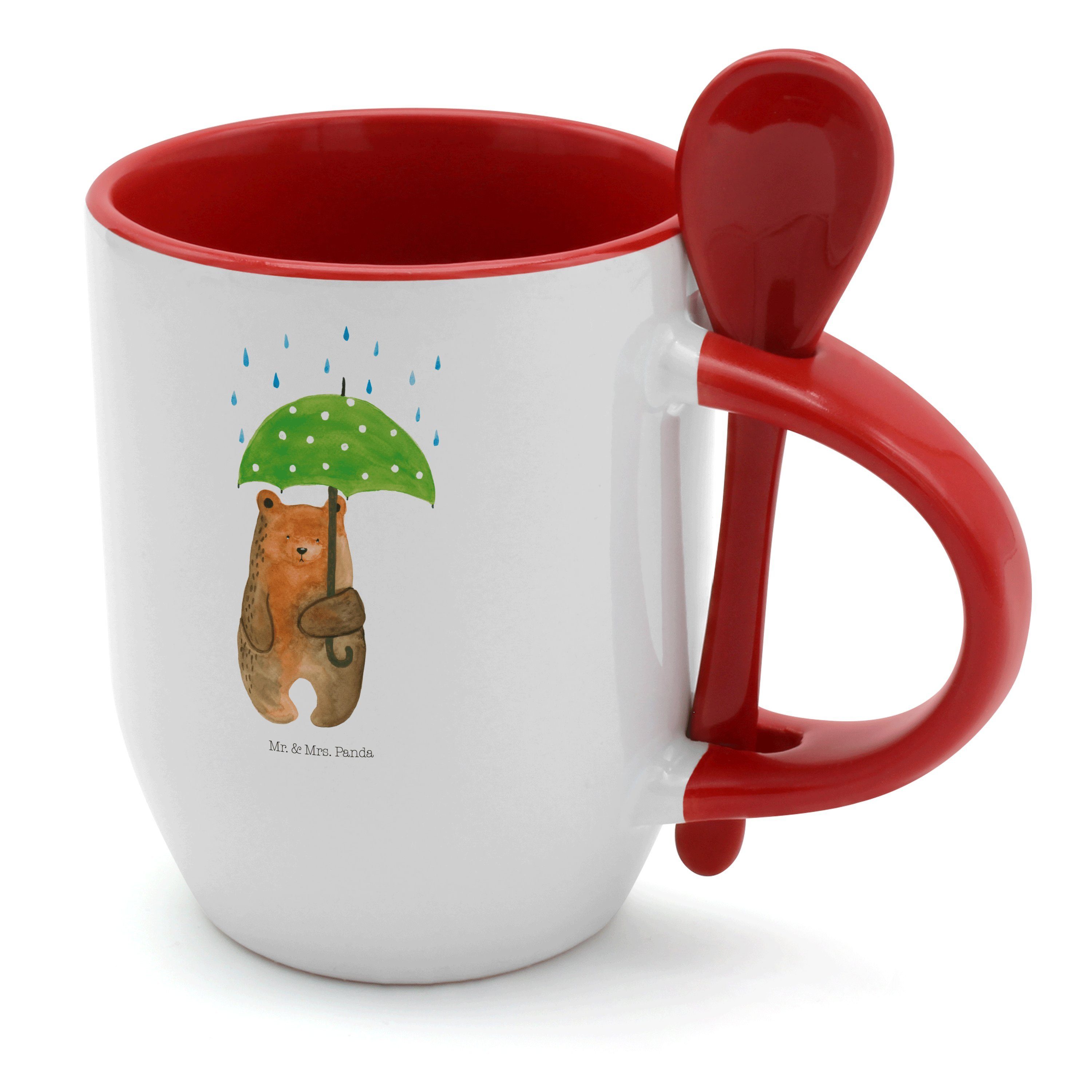 Bär Tasse Weiß Tasse mit Geschenk, Keramik - Regenschirm Panda mit Löffel, Fam, Pärchen, Mrs. Mr. & -