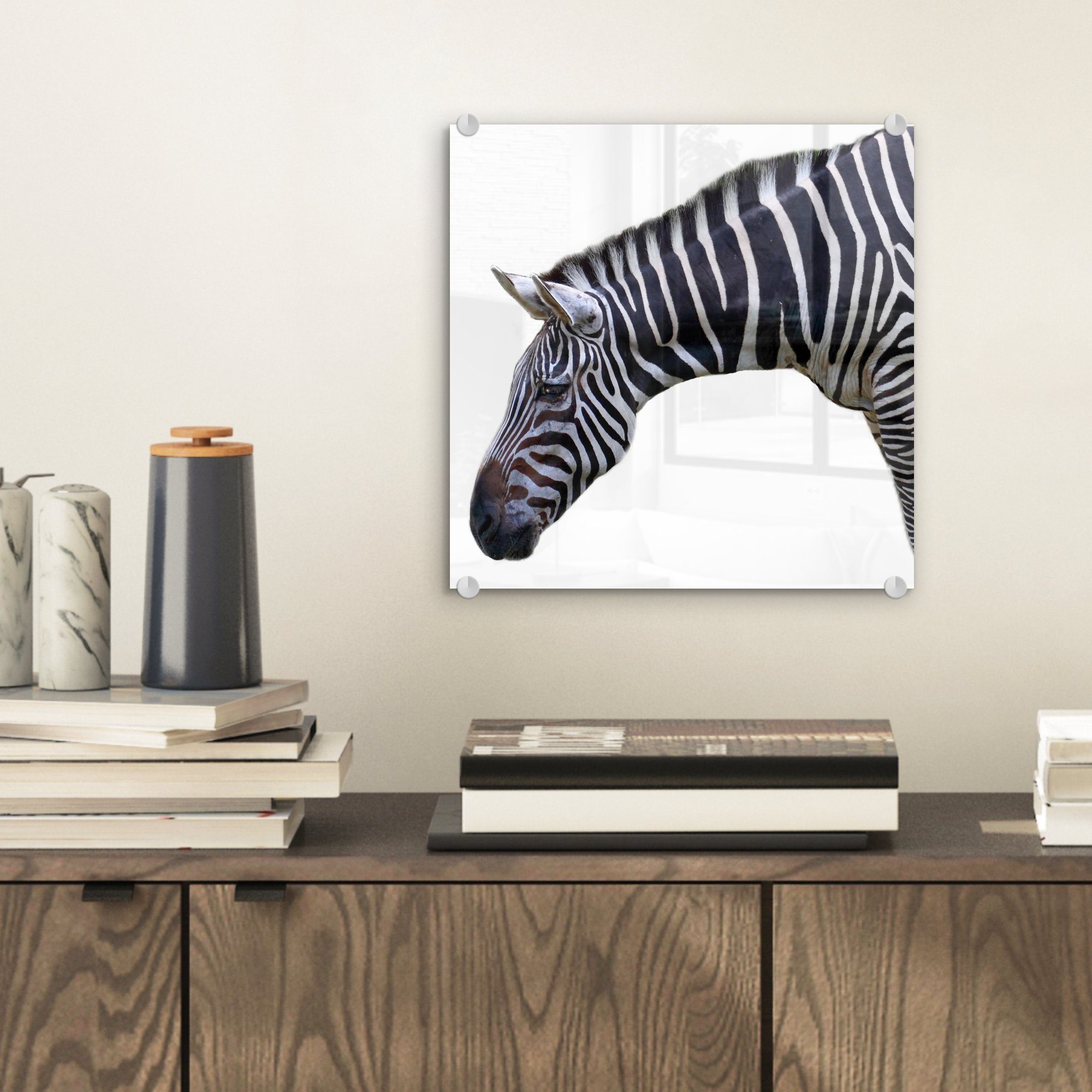 auf Glas (1 Bilder Wandbild Acrylglasbild Wanddekoration Zebras - auf - Glasbilder eines MuchoWow auf und St), Glas Foto Hals Kopf weißem Hintergrund, -