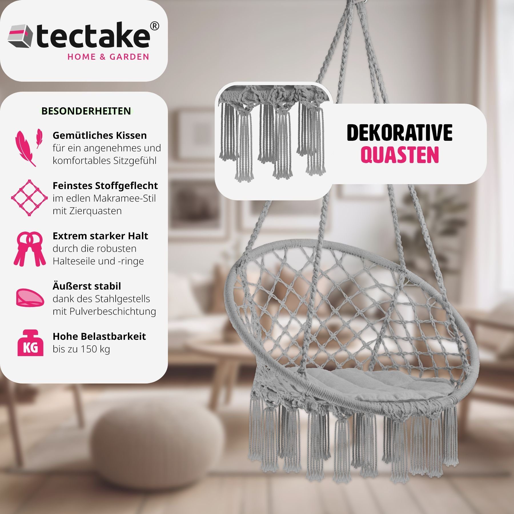 tectake Hängesessel Hängeschaukel mit Sitzpolster, Belastbarkeit 150 kg, 80 x 72 x 125 (Hängestuhl Jane, in Grau), stabil und strapazierfähig für Indoor und Outdoor