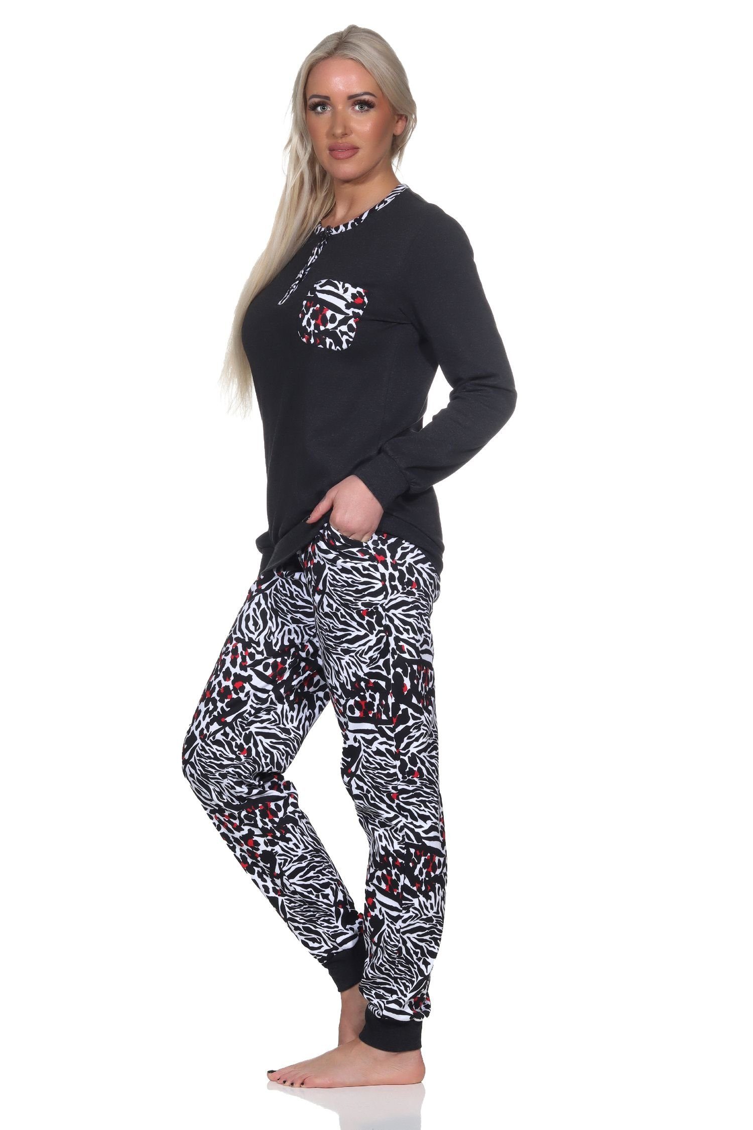 Damen in Pyjama Animal-Print-Optik Kuschel Schlafanzug schwarz Normann Interlock Normann