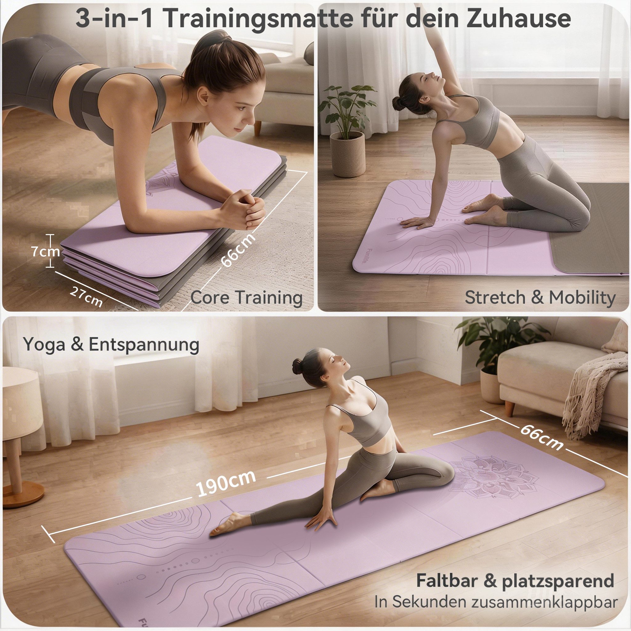 FunLife Yogamatte FOLD Design-Edition (Einzelmatte), 10 mm dick, faltbar, platzsparend, 190 × 66 cm