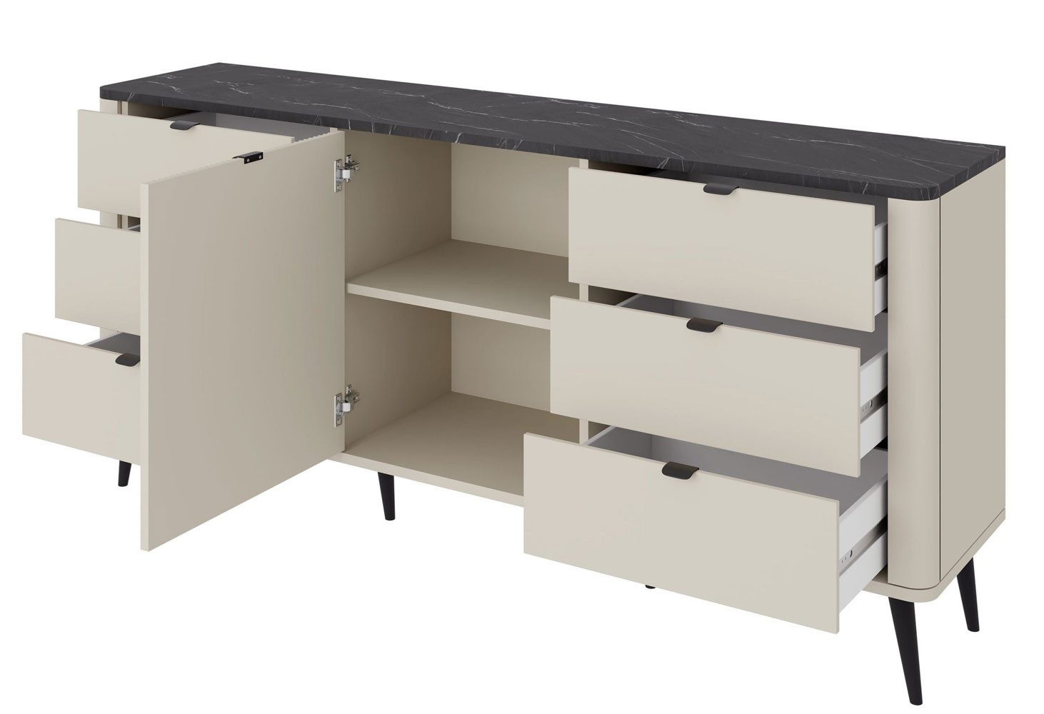 Feldmann-Wohnen Kombikommode Marly (1 Drehtür, 1 Einlegeböden, 6 Schubladen, 1 St., moderne Optik, abgerundeter Korpus, Zugengriffe aus Metall), 160x40x82cm Kaschmir / Graustein