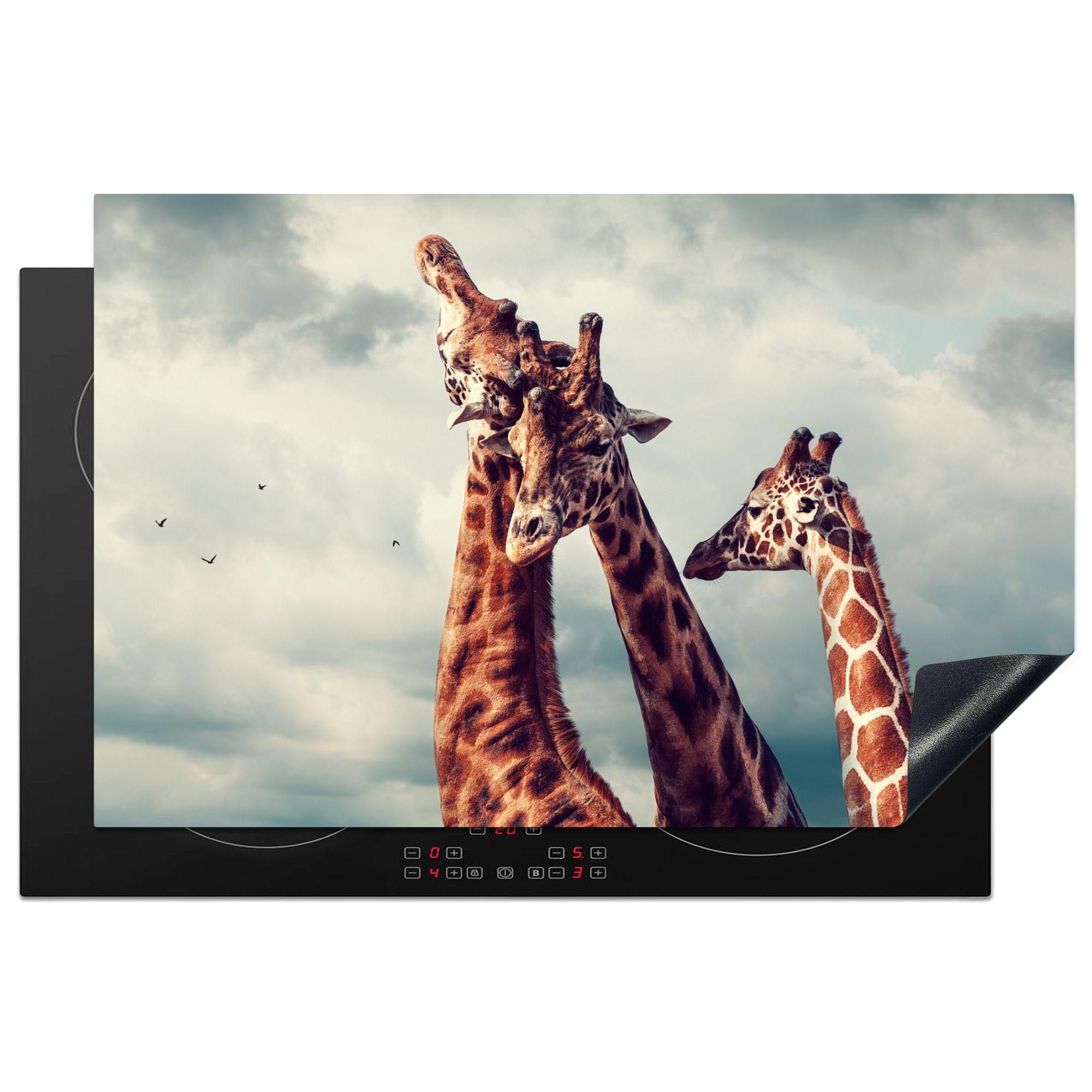 Induktionskochfeld Ceranfeldabdeckung für MuchoWow einem Herdblende-/Abdeckplatte die Vinyl, Drei küche, Himmel, unter cm, Schutz tlg), (1 bewölkten Giraffen 81x52