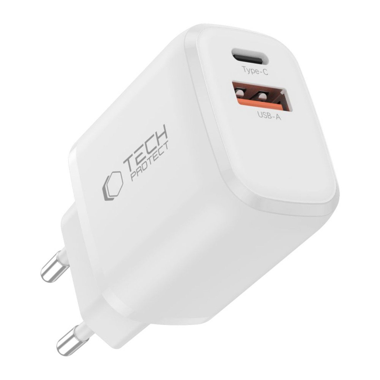 TECH PROTECT NCA20 USB-Ladegerät (Ladegerät mit Kabel, Wandladegerät mit USB-C-/iPhone-Kabel 100 cm, Kompaktes Dual-Ladegerät mit Schnellladefunktion und Kabel)