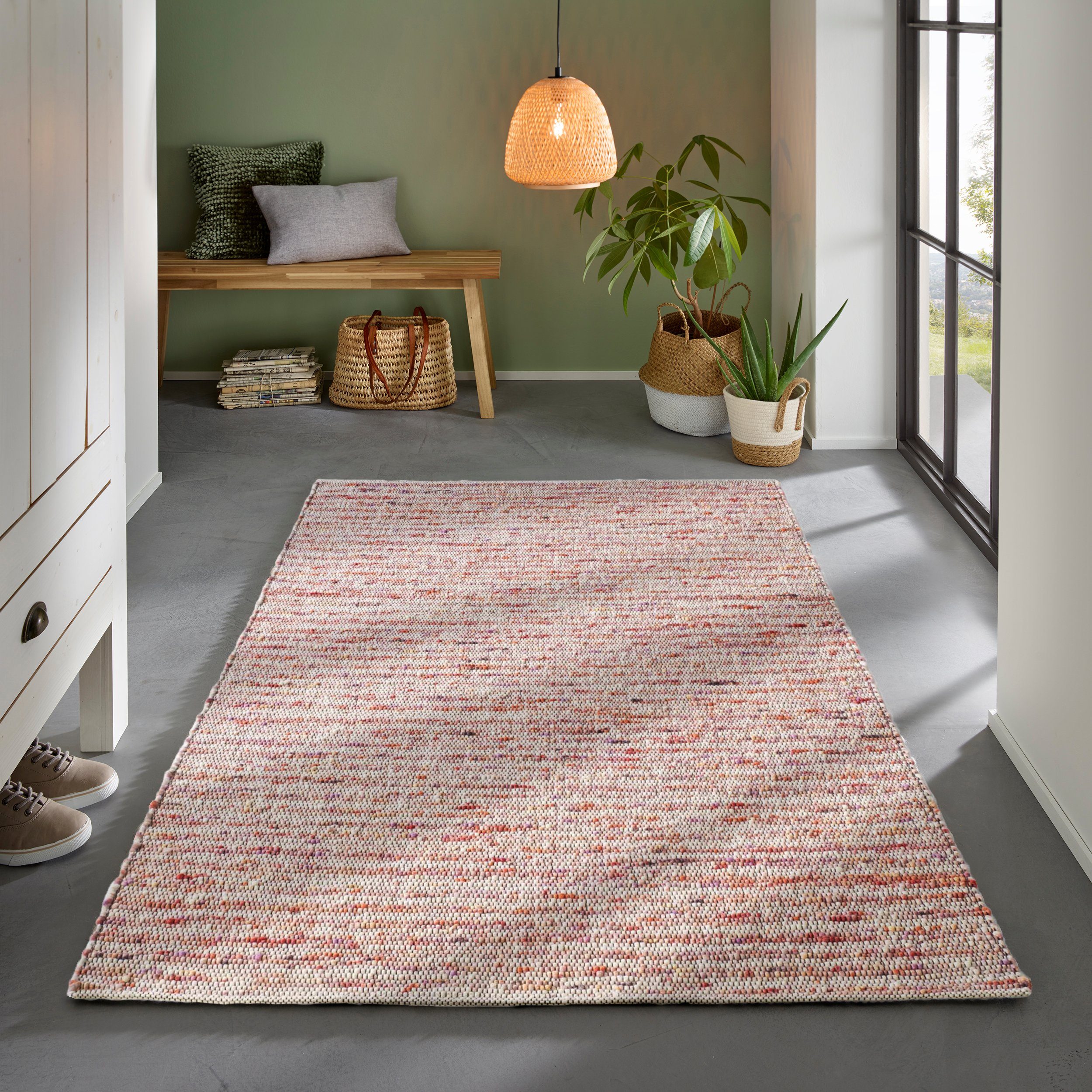 TaCa Home Wollteppich Gewalkter Handweb Woll-Teppich mit schwarzer Kette, rechteckig, Höhe: 9 mm, nachhaltige Schurwolle Wohnzimmer Schlafzimmer, Rot - 70 x 130 cm