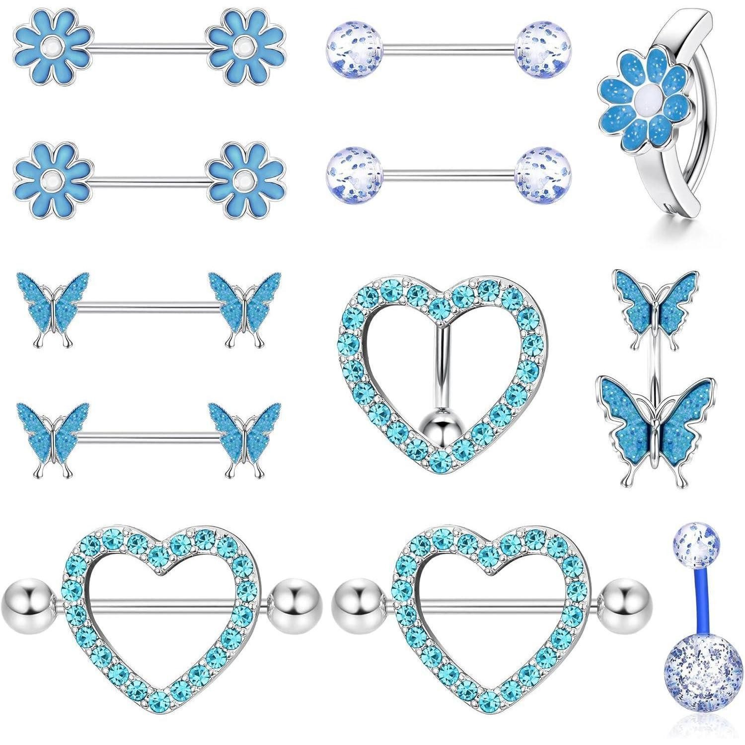 Kakonia Brustwarzenpiercing-Set Nippelpiercing und Bauchnabelpiercing Set 14G Chirurgenstahl Frauen
