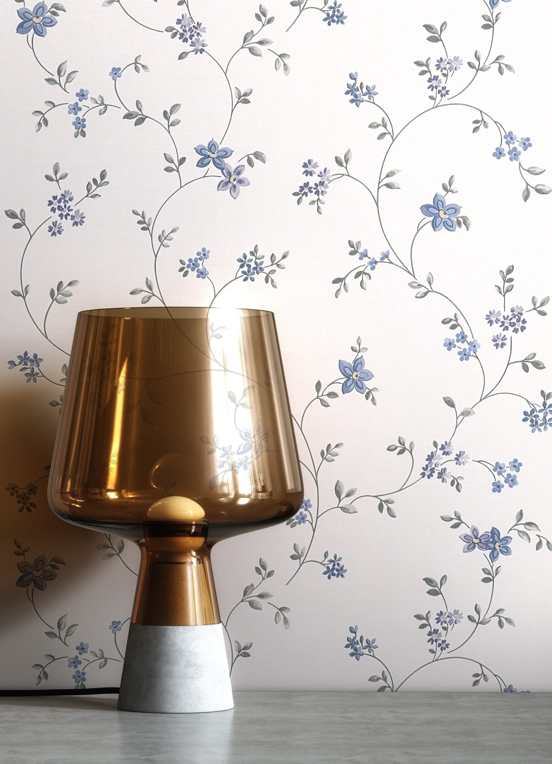 Newroom Vliestapete Florin Blue Tapete Vintage Blumen,Blätter,Blüten, Blau Tapete Floral Blumen - Vintage Blumentapete Grau Weiß Romantisch 3D Optik Blätter Blüten für Schlafzimmer Wohnzimmer Küche, Blumentapete