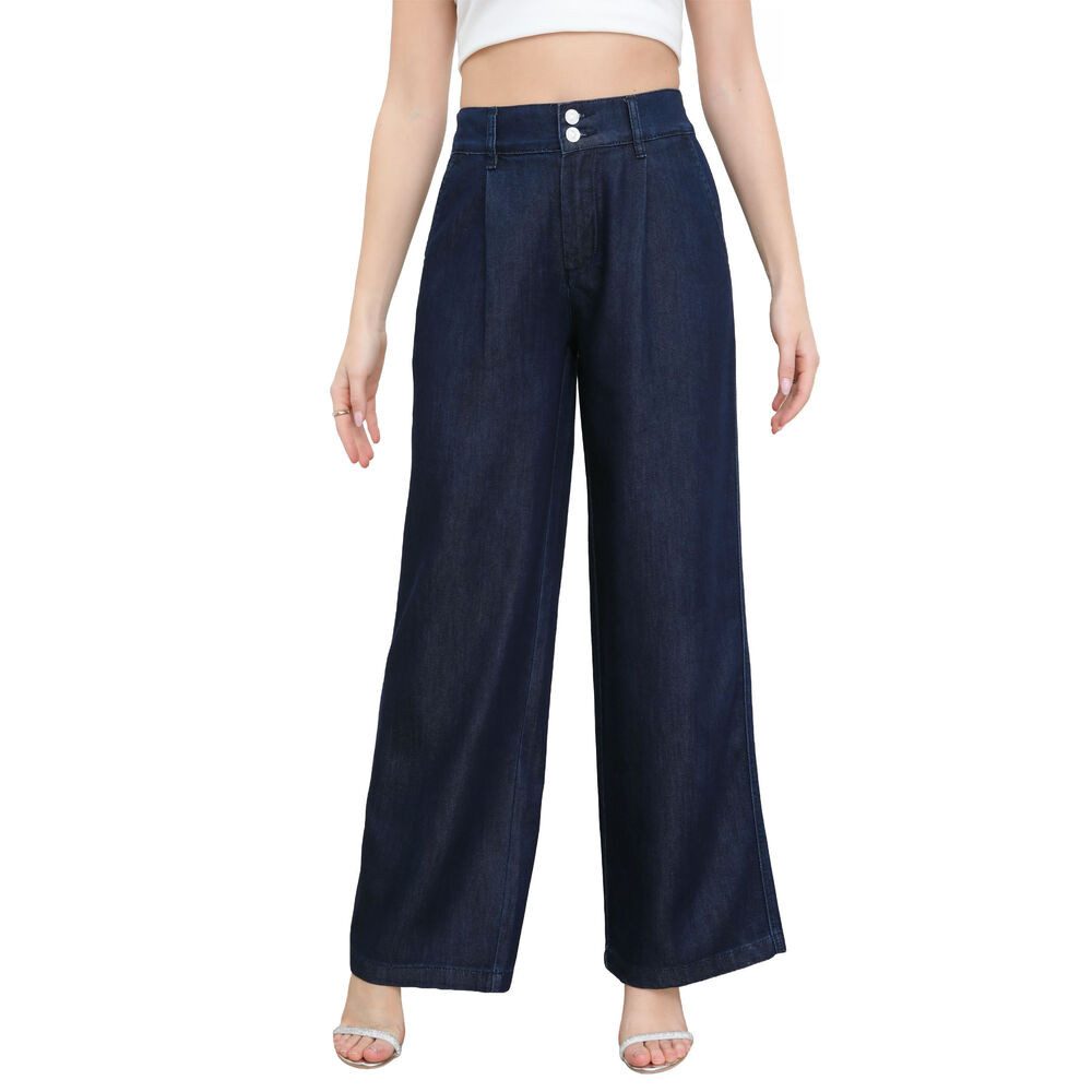 Ital-Design Weite Jeans Damen High-Waist Wide-Leg Jeans mit Doppelknopf (91978485) High Waist Jeans in Dunkelblau