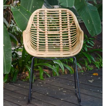 Casa Moro Stuhl Rattansessel Malaga mit Armlehne aus Naturrattan handgeflochten IDSN55, Vintage Retro-Stuhl für Küche Garten Terrasse Esszimmer, handmade