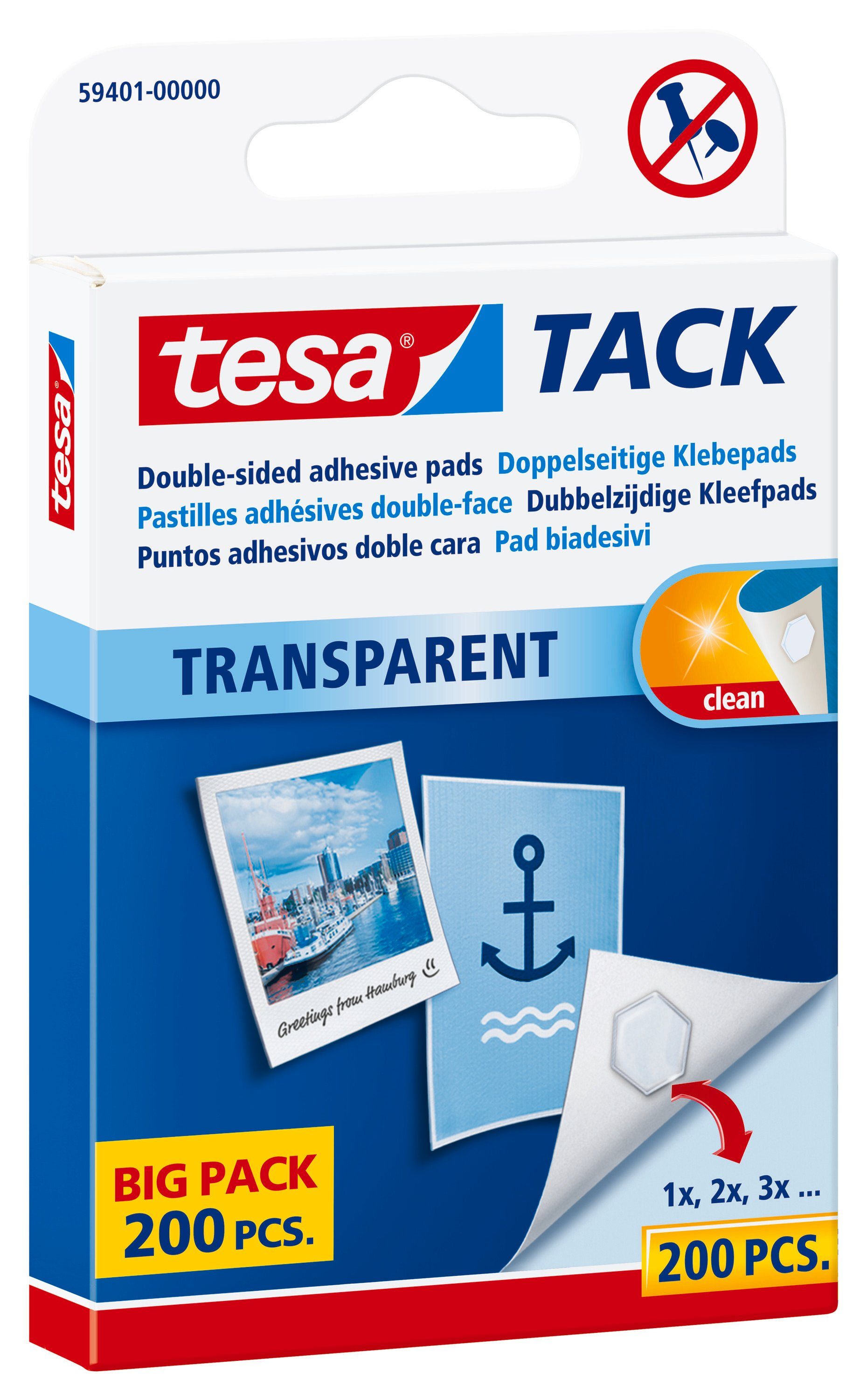 tesa Tack transparent, doppelseitige Klebepads XL, Kleber weiß, 36