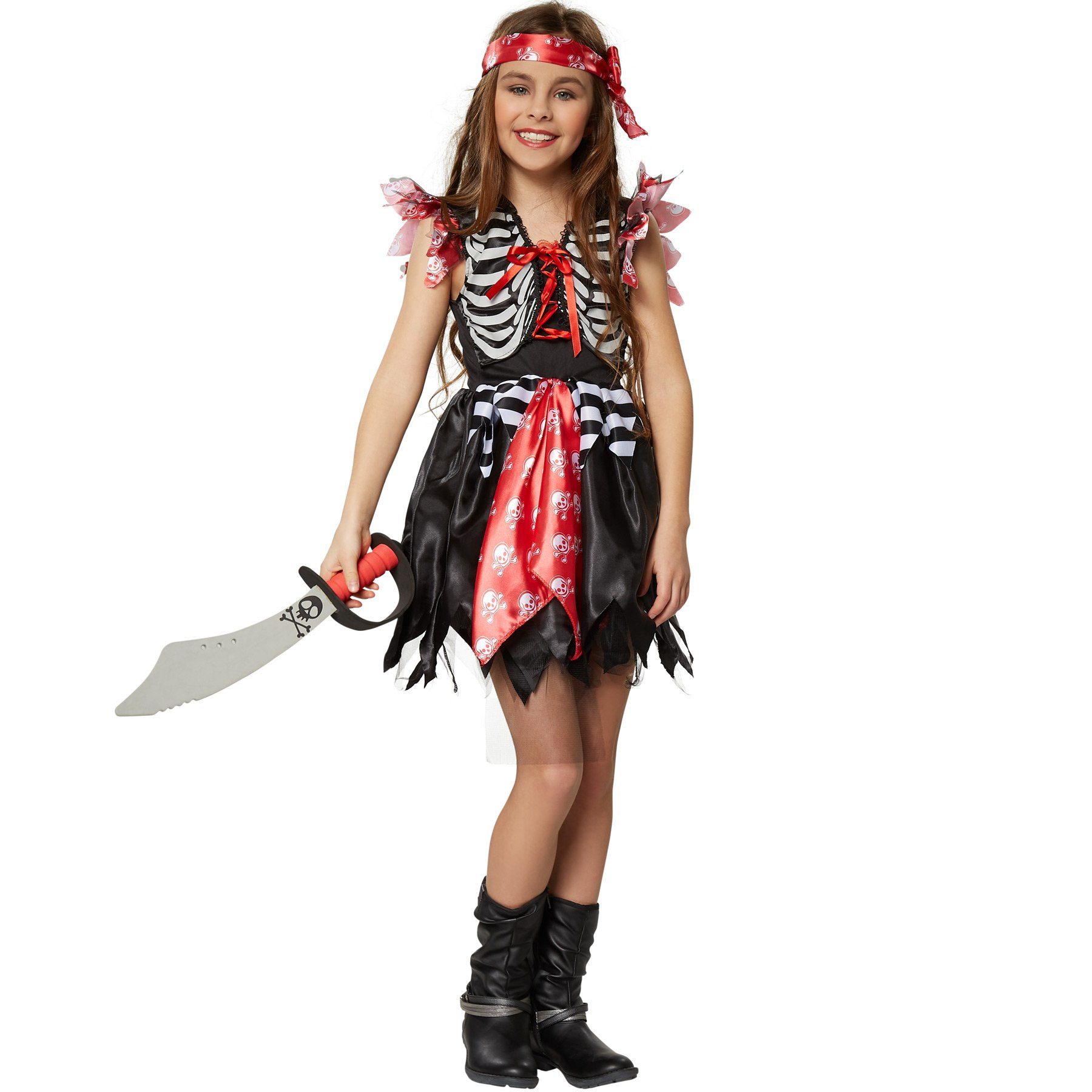 dressforfun Piraten-Kostüm Seeräuberprinzessin/Freibeuterprinzessin, Gr. 164 (13-14 Jahre), in der Farbe schwarz/rot/weiß, Angenähte Weste mit Knochenmuster