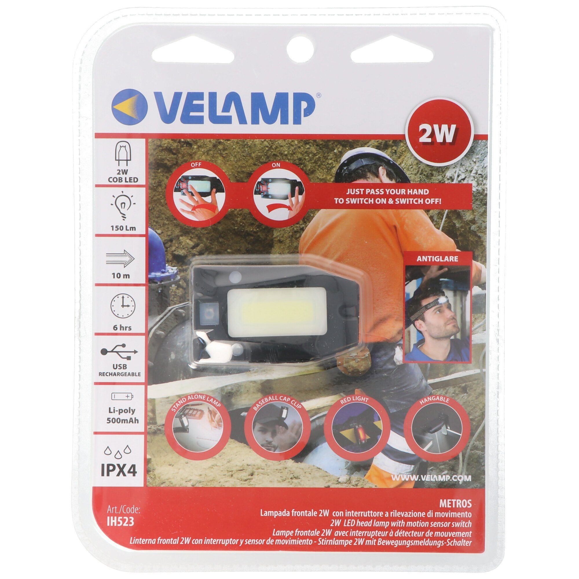 Velamp LED Stirnlampe Velamp Metros LED Stirnlampe IH523, akkubetriebener Mulitfunktionssch