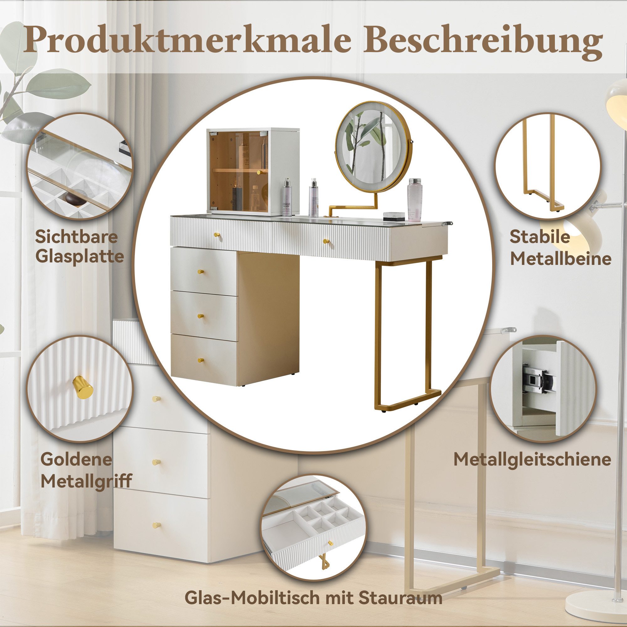 i@home Schminktisch Schminktisch-Set mit LED-beleuchtetem Spiegel, weiß (1 Schminktisch ohne Hocker), transparenter Tischplatte aus gehärtetem Glas, Maße: 120 x 45 x 115 cm