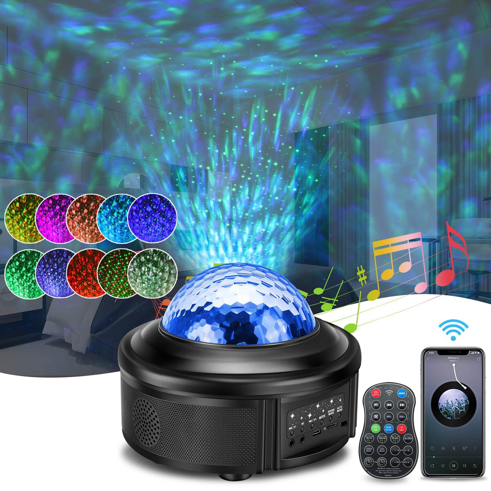 Insma LED Nachtlicht, Music Star Light 3-in-1 Bluetooth-Lautsprecher +  Gypsophila + Wassermusterlampe 7,5 W 5 V / 2 A, mit Fernbedienung