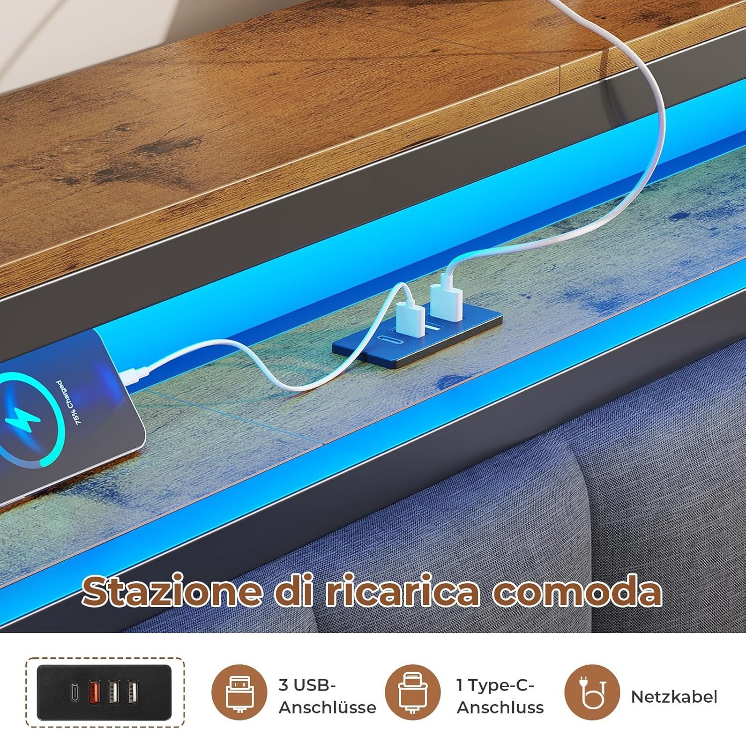 MSMASK Polsterbett mit Ladestation und LED-Beleuchtung, Dunkelgrau, 140x210cm, ohne Matratze – Bild 3 von 5