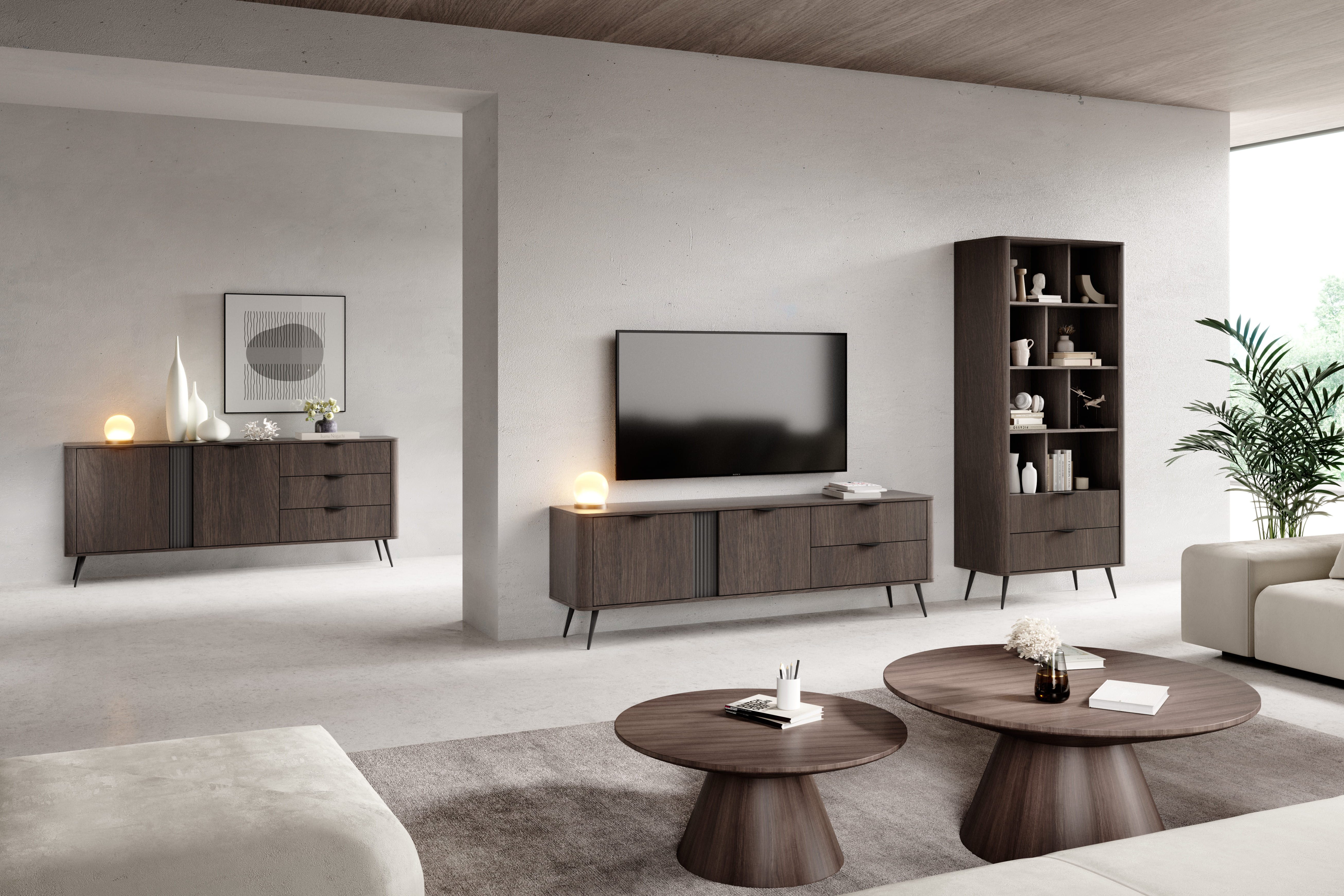 MOEBLO Kommode LARON 195 2d3s (Eiche Dunin & Schwarz, modernes Wohnzimmermöbel im Japandi- und Industrial-Design mit Schubladen und Türen, Sideboard Wohnzimmer Kommode Schlafzimmer Komodenschrank), (BxHxT): 195,2 x 81,2 x 38 cm