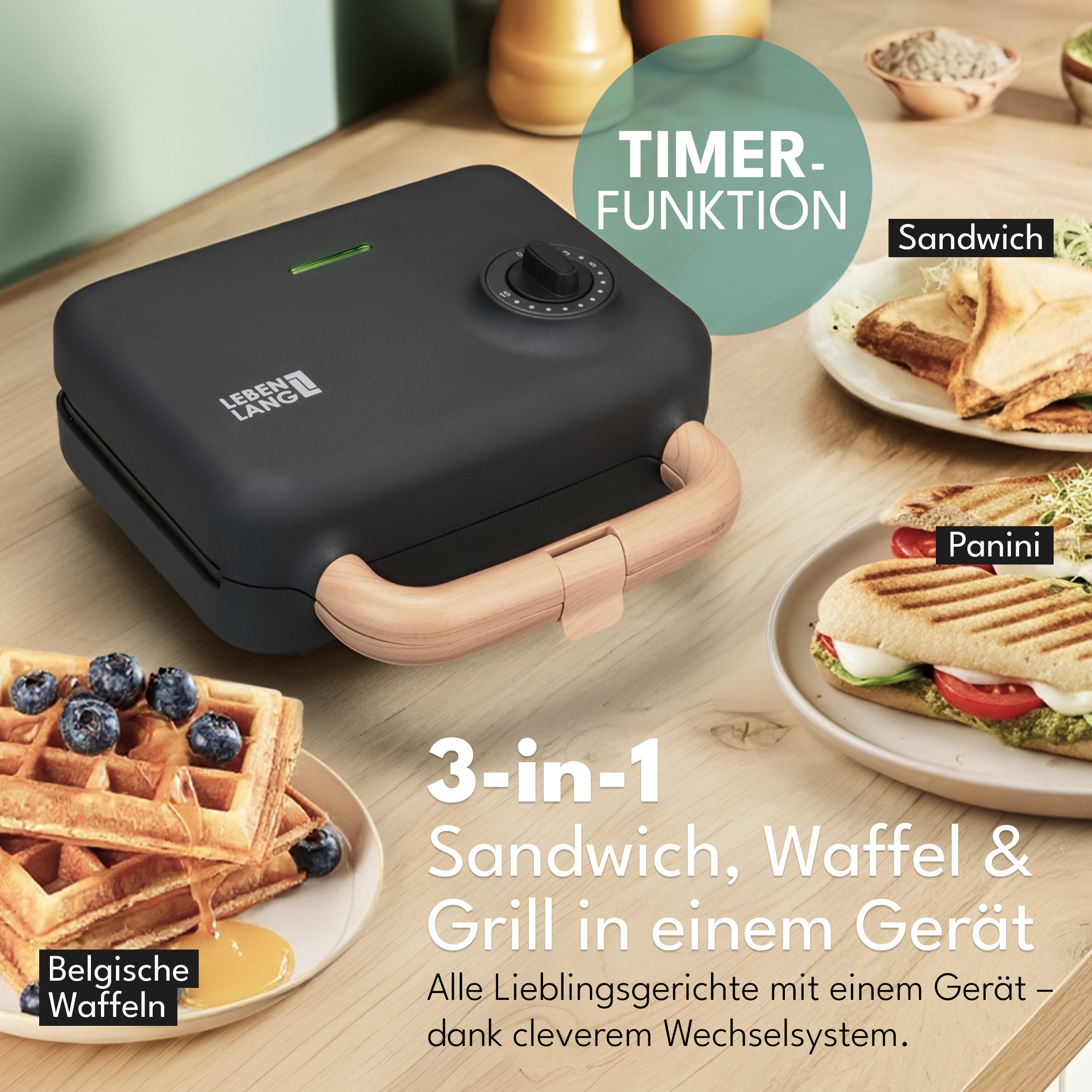 Lebenlang 3-in-1-Sandwichmaker Waffeleisen - Sandwichmaker - Kontaktgrill - Für Panini, Waffeln & Co., 750 W, 3in1 Kombi-Gerät, 15 Min. Timer, Hochwertiges Holzdesign