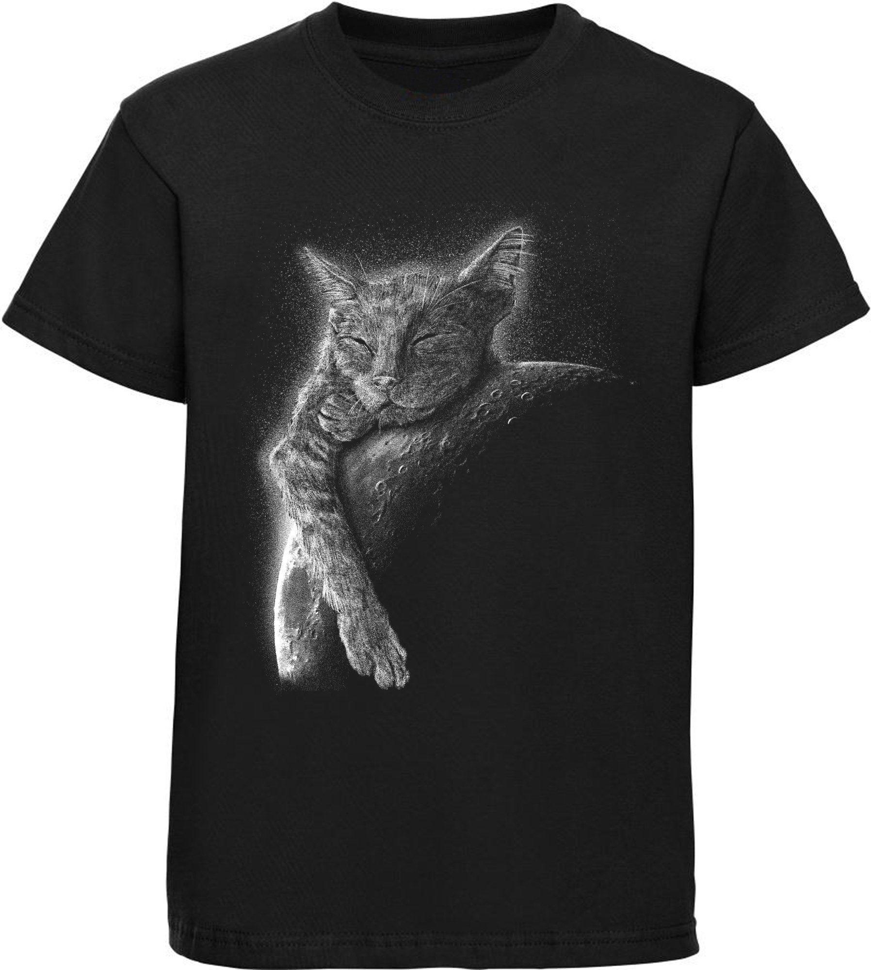 MyDesign24 Print-Shirt bedrucktes Mädchen T-Shirt Baumwollshirt am rot, schlafend mit schwarz, i123 Katze Aufdruck, Mond