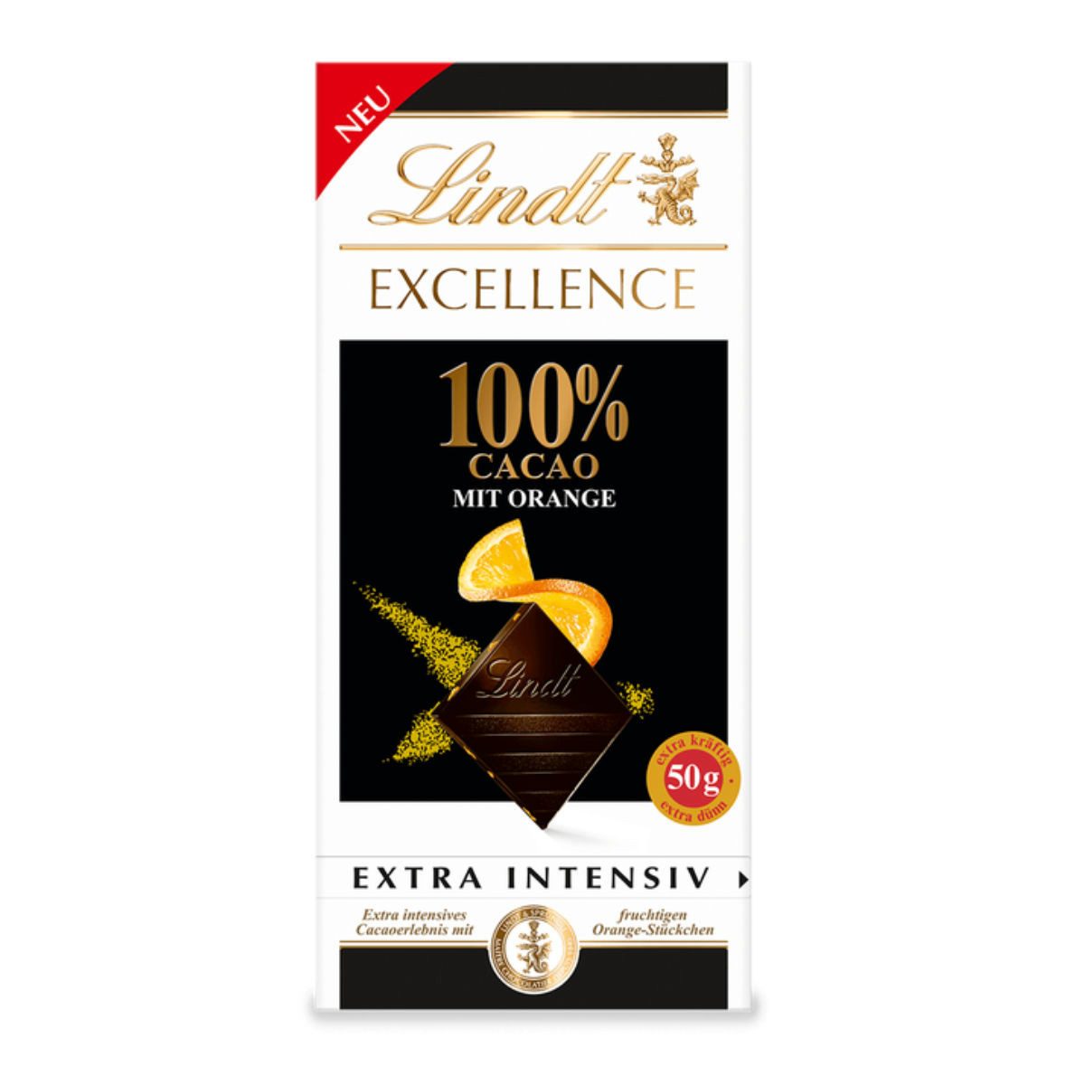 LINDT Schokolade, Lindt Excellence 100 Prozent Cacao mit Orange Feinherbe Schokolade 50g